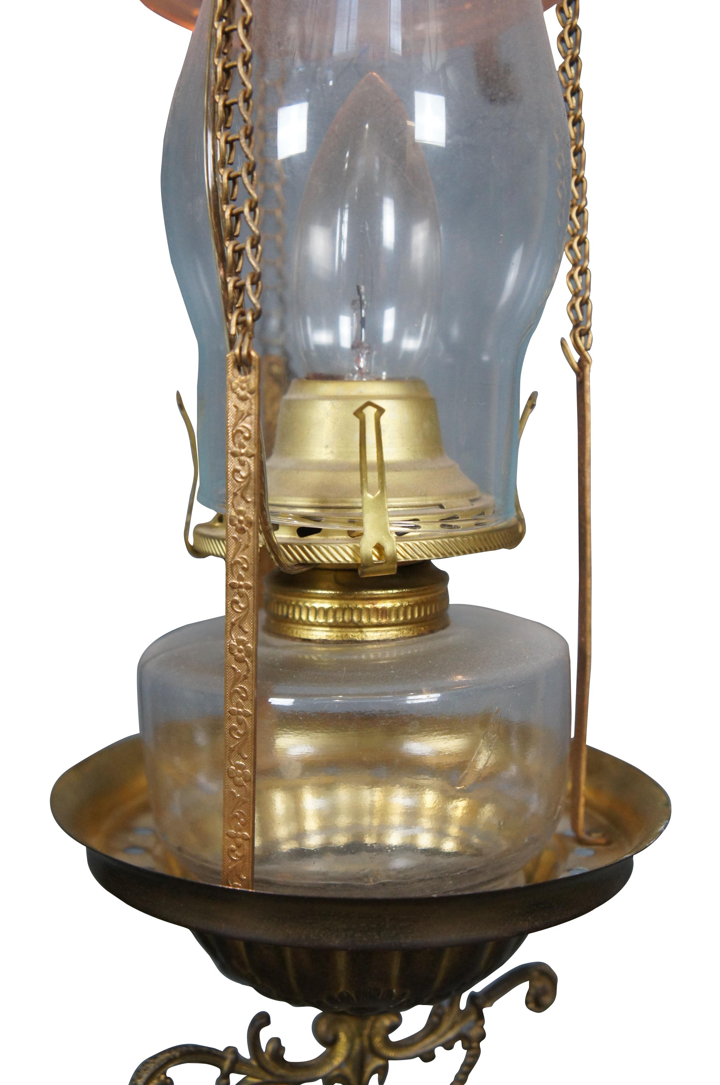 Antique Victorian Cranberry Glass Parlor Oil Lamp Pendant Light Chandelier In Good Condition In Dayton, OH