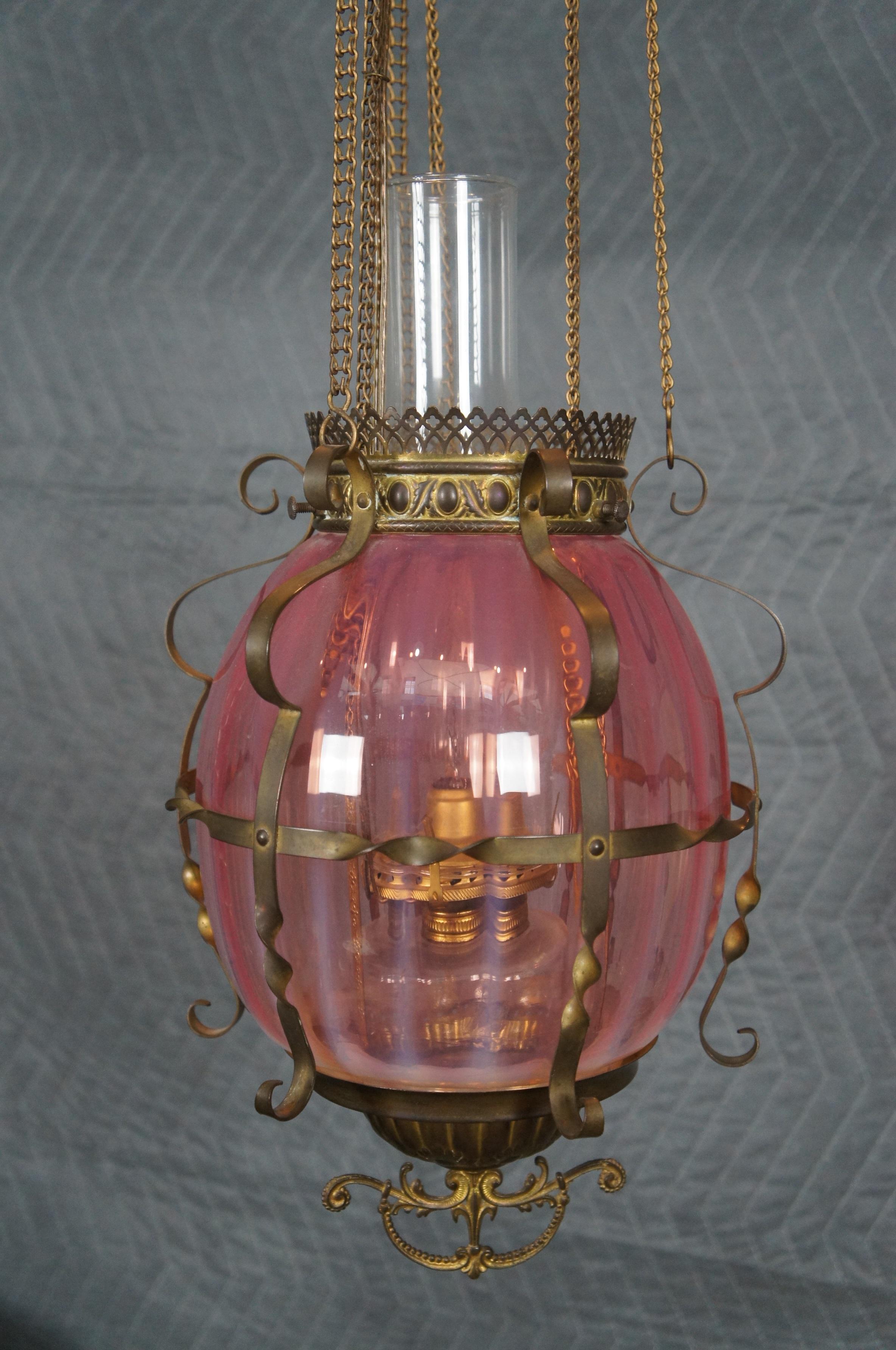 19th Century Antique Victorian Cranberry Glass Parlor Oil Lamp Pendant Light Chandelier