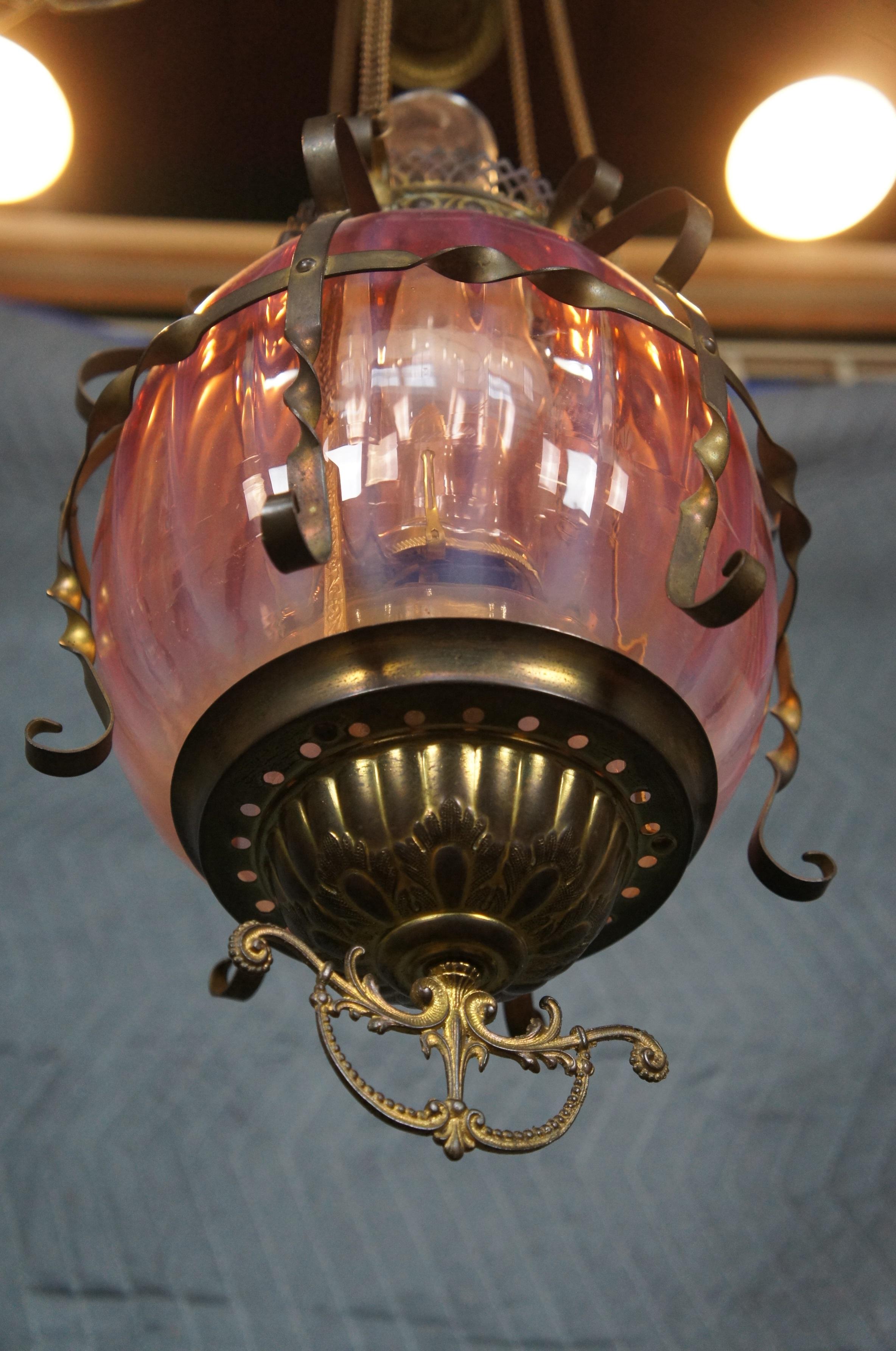 Antique Victorian Cranberry Glass Parlor Oil Lamp Pendant Light Chandelier 1