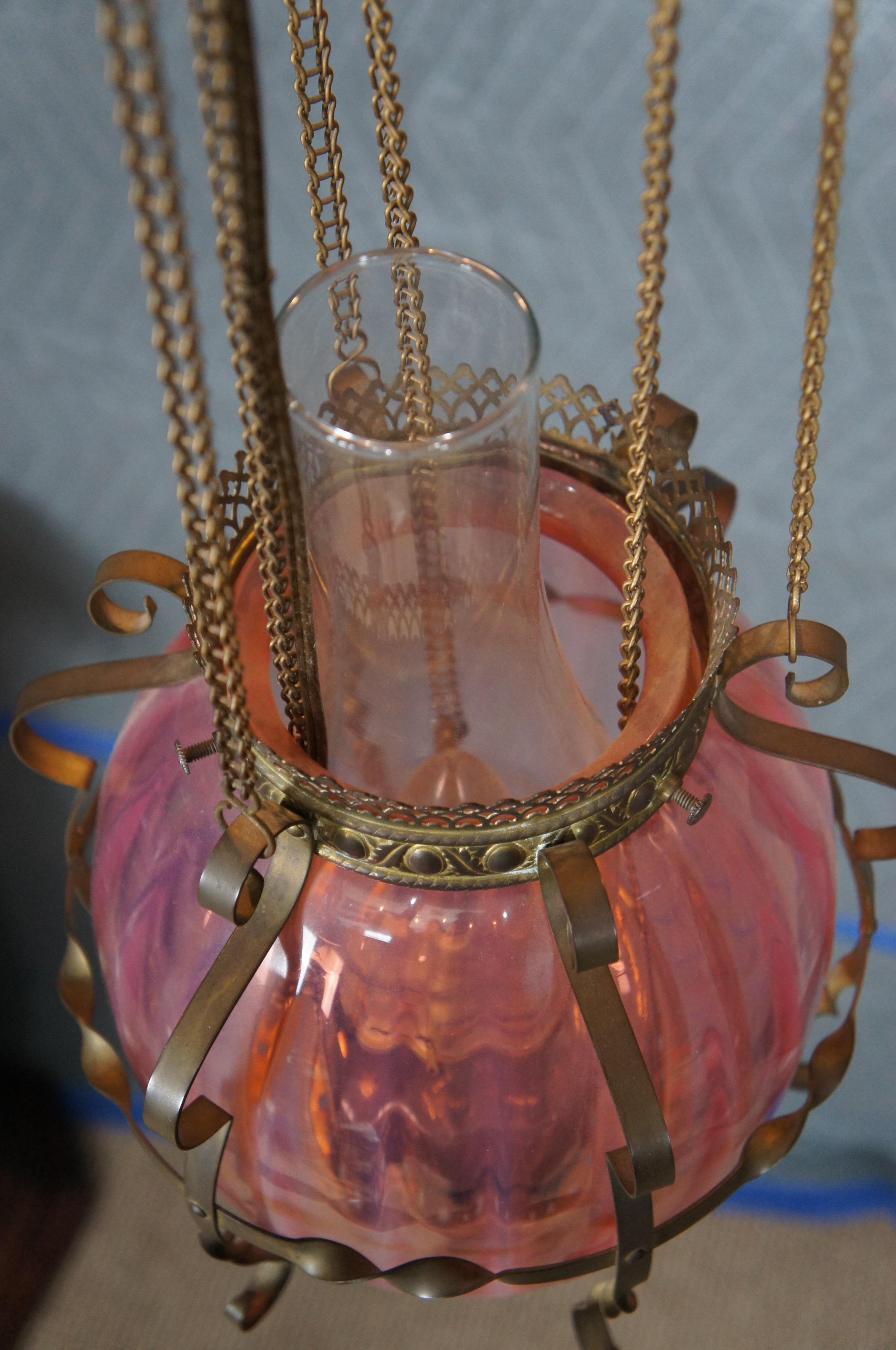 Antique Victorian Cranberry Glass Parlor Oil Lamp Pendant Light Chandelier 2