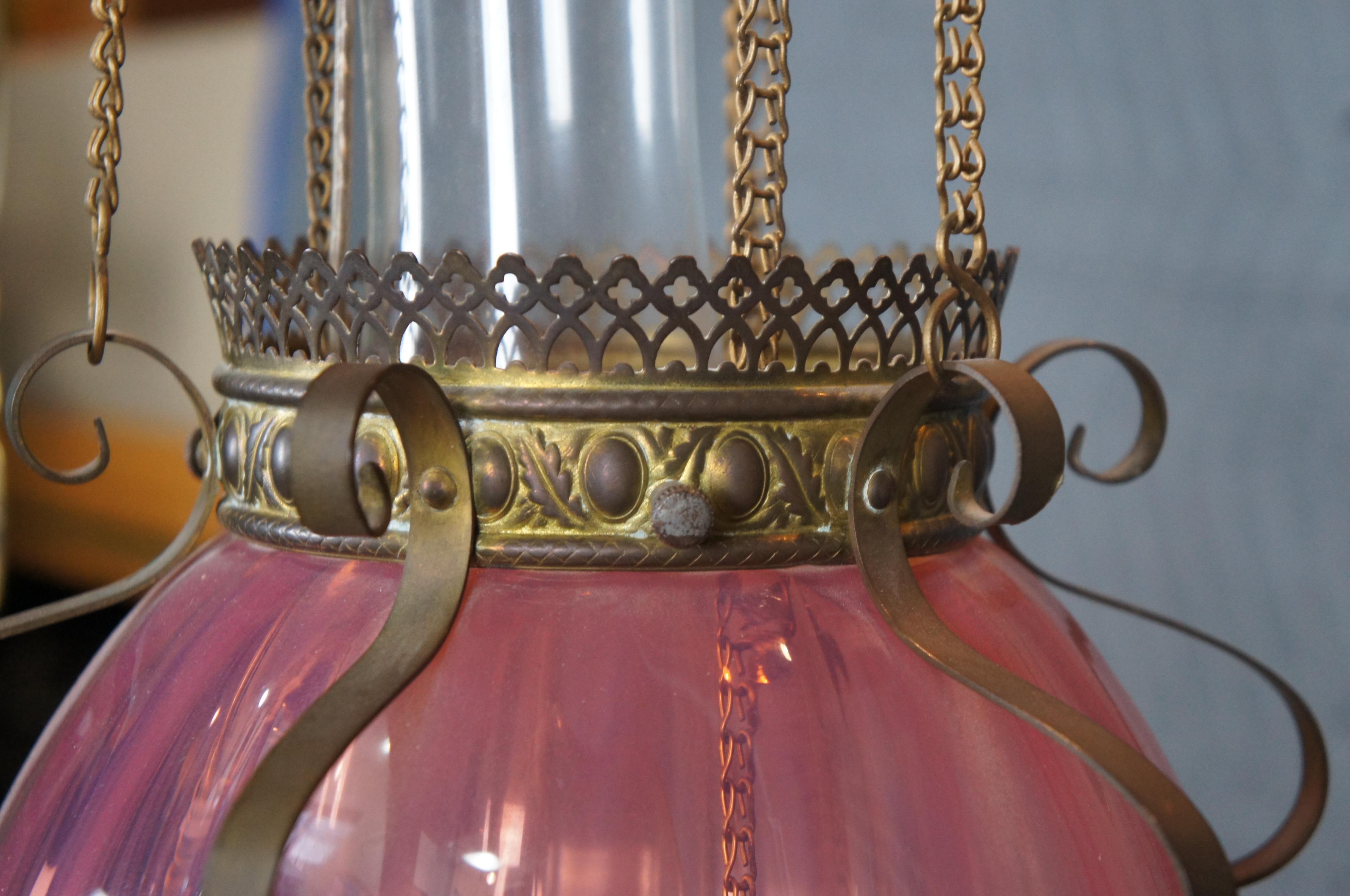 Antique Victorian Cranberry Glass Parlor Oil Lamp Pendant Light Chandelier 4
