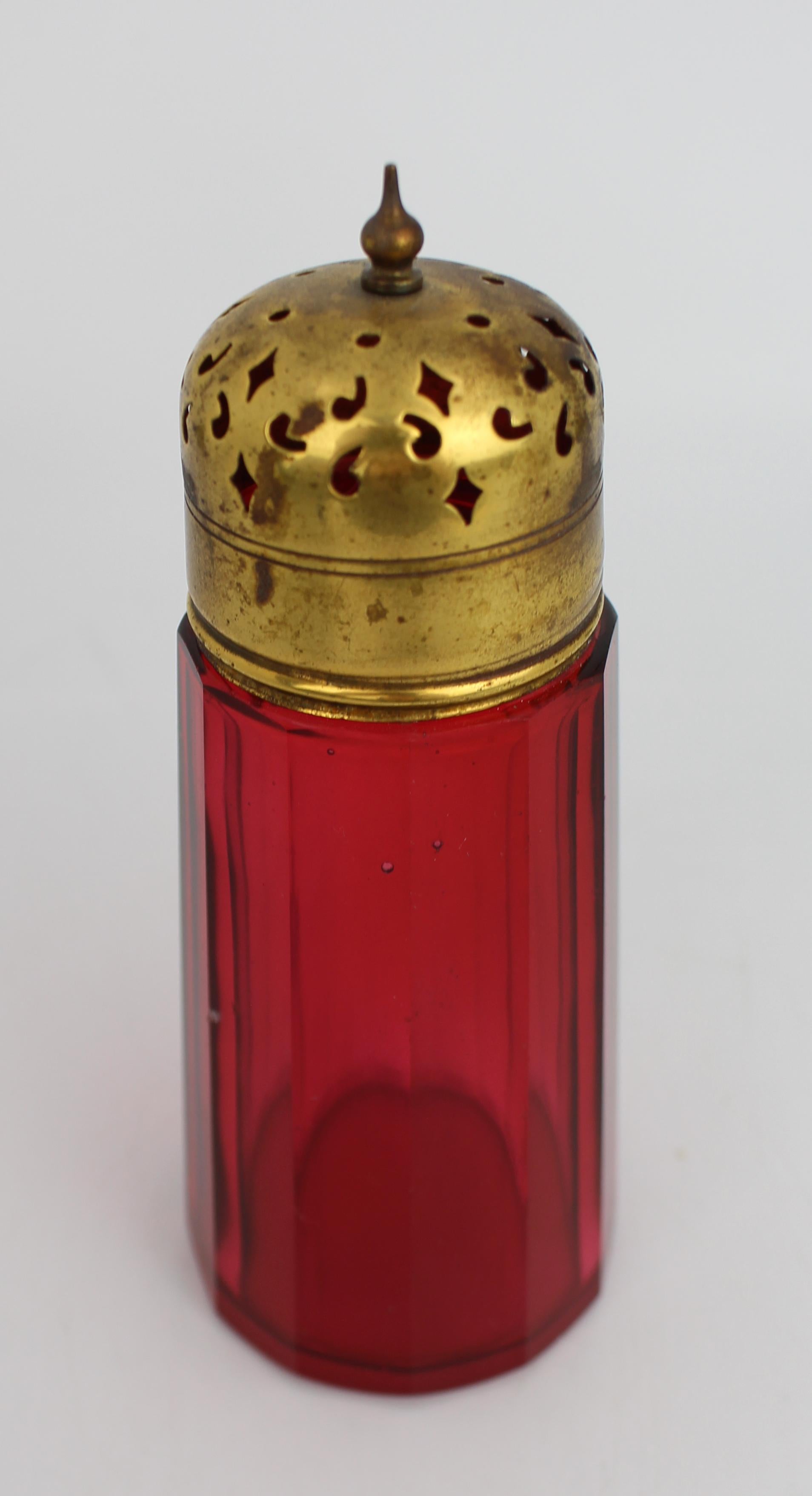 British Antique Victorian Cranberry Glass Sugar Dredger For Sale