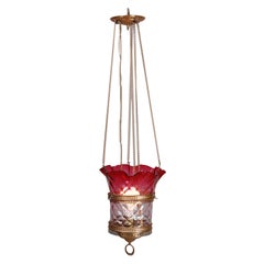 Antique Victorian Cranberry Ombre Glass and Brass Hanging Hall Light, circa 1890