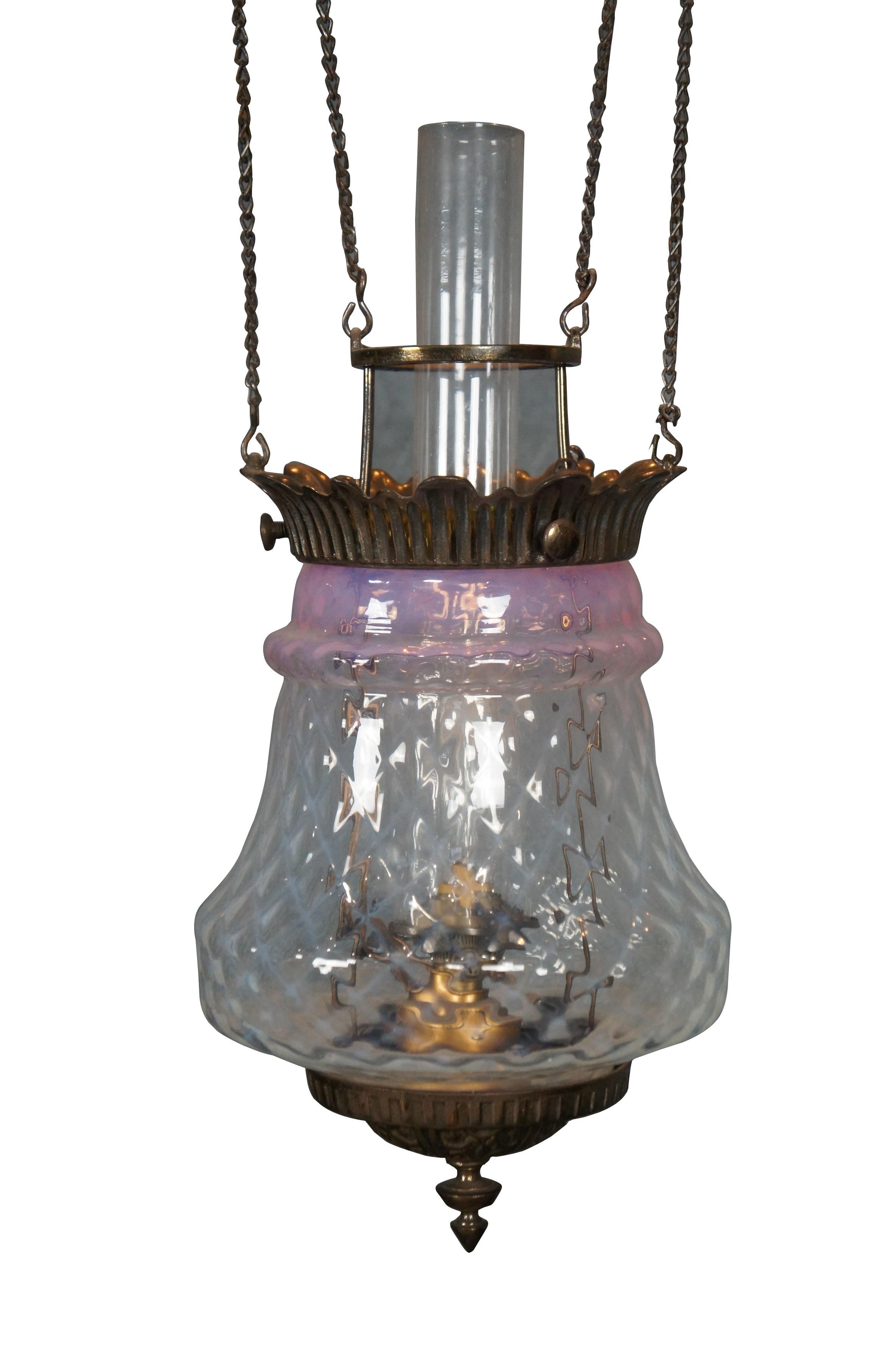 Antique Victorian Cranberry Pineapple Parlor Oil Lamp Pendant Light Chandlier In Good Condition In Dayton, OH