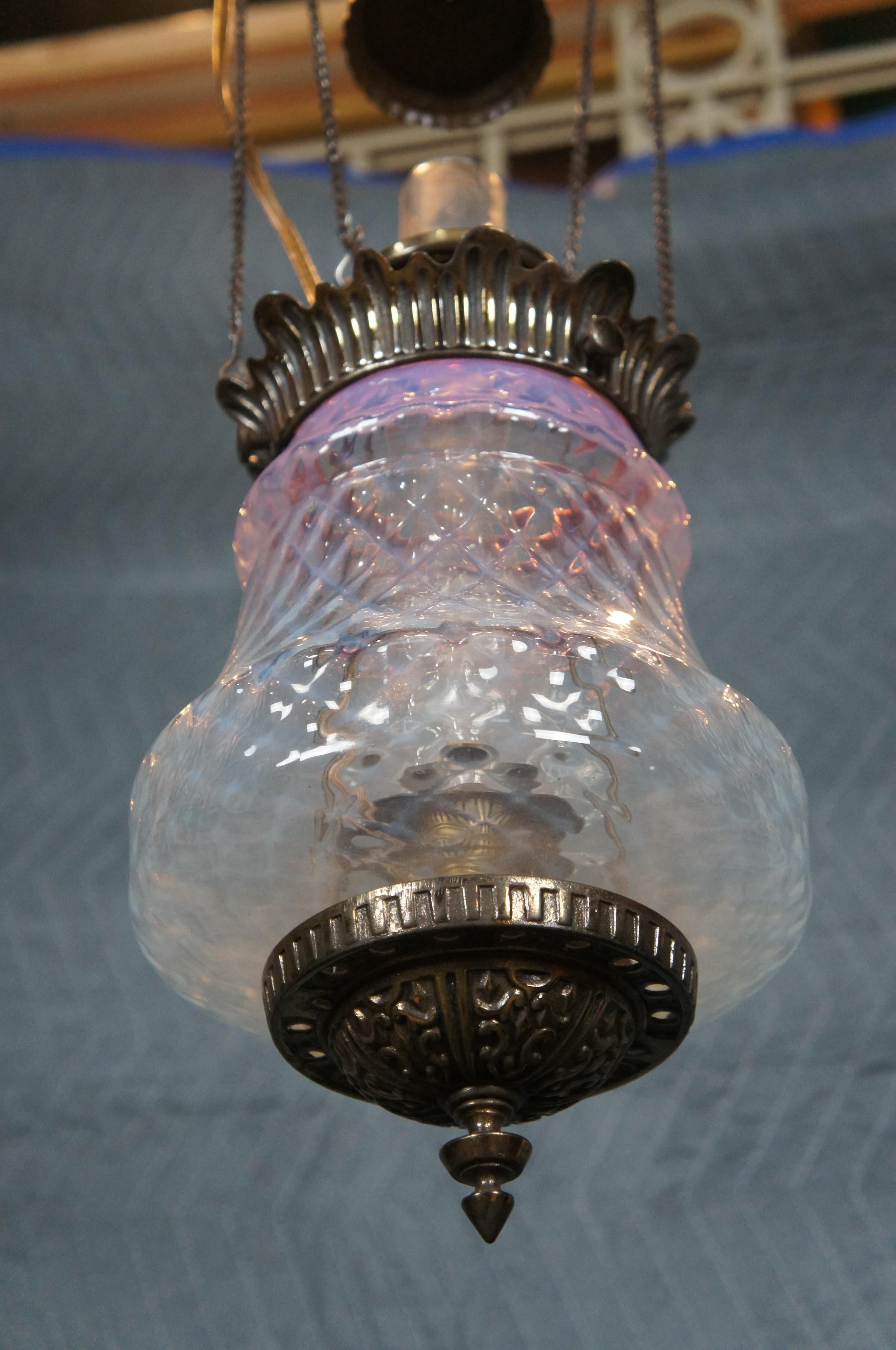 19th Century Antique Victorian Cranberry Pineapple Parlor Oil Lamp Pendant Light Chandlier