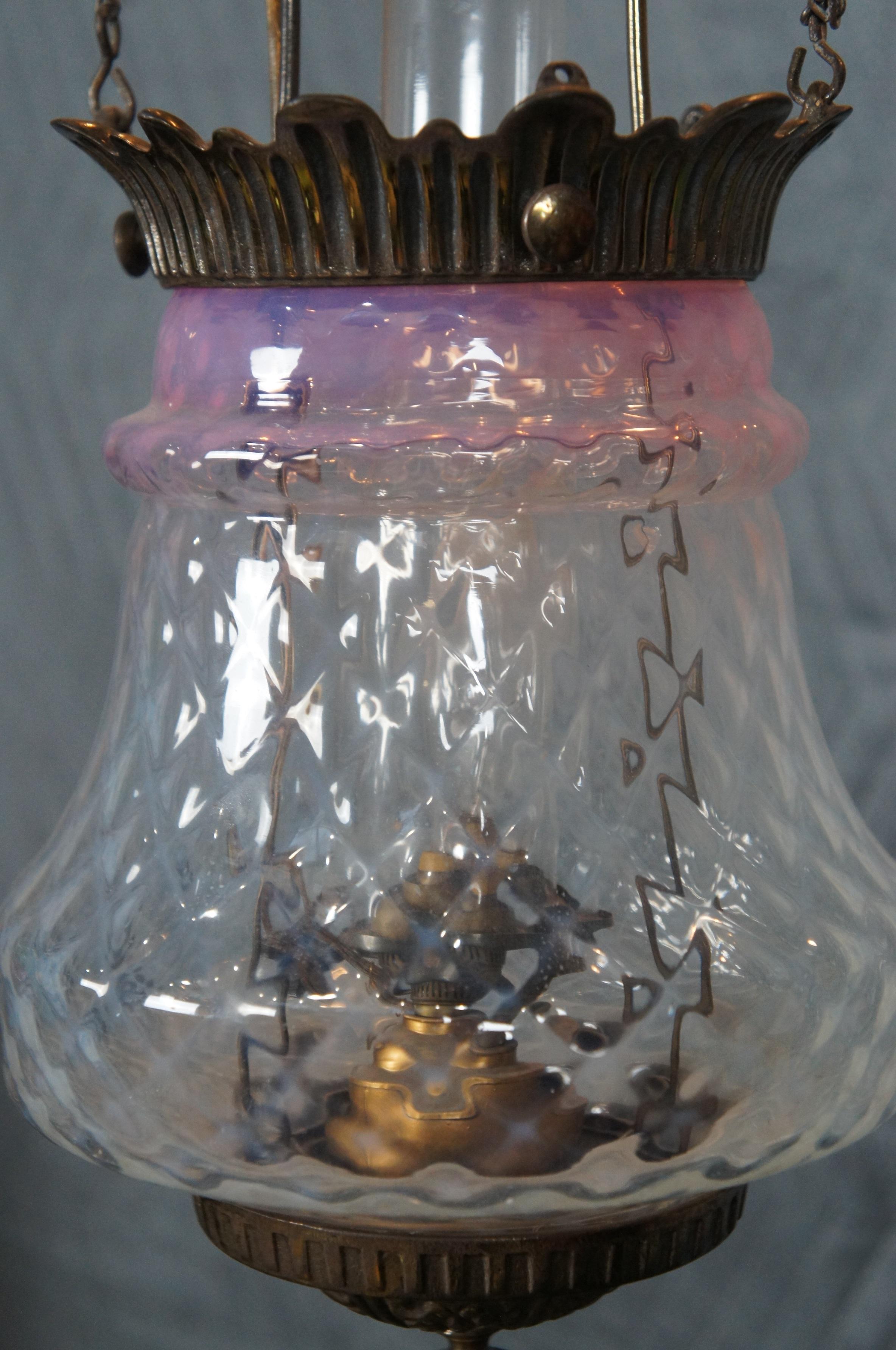 Antique Victorian Cranberry Pineapple Parlor Oil Lamp Pendant Light Chandlier 3