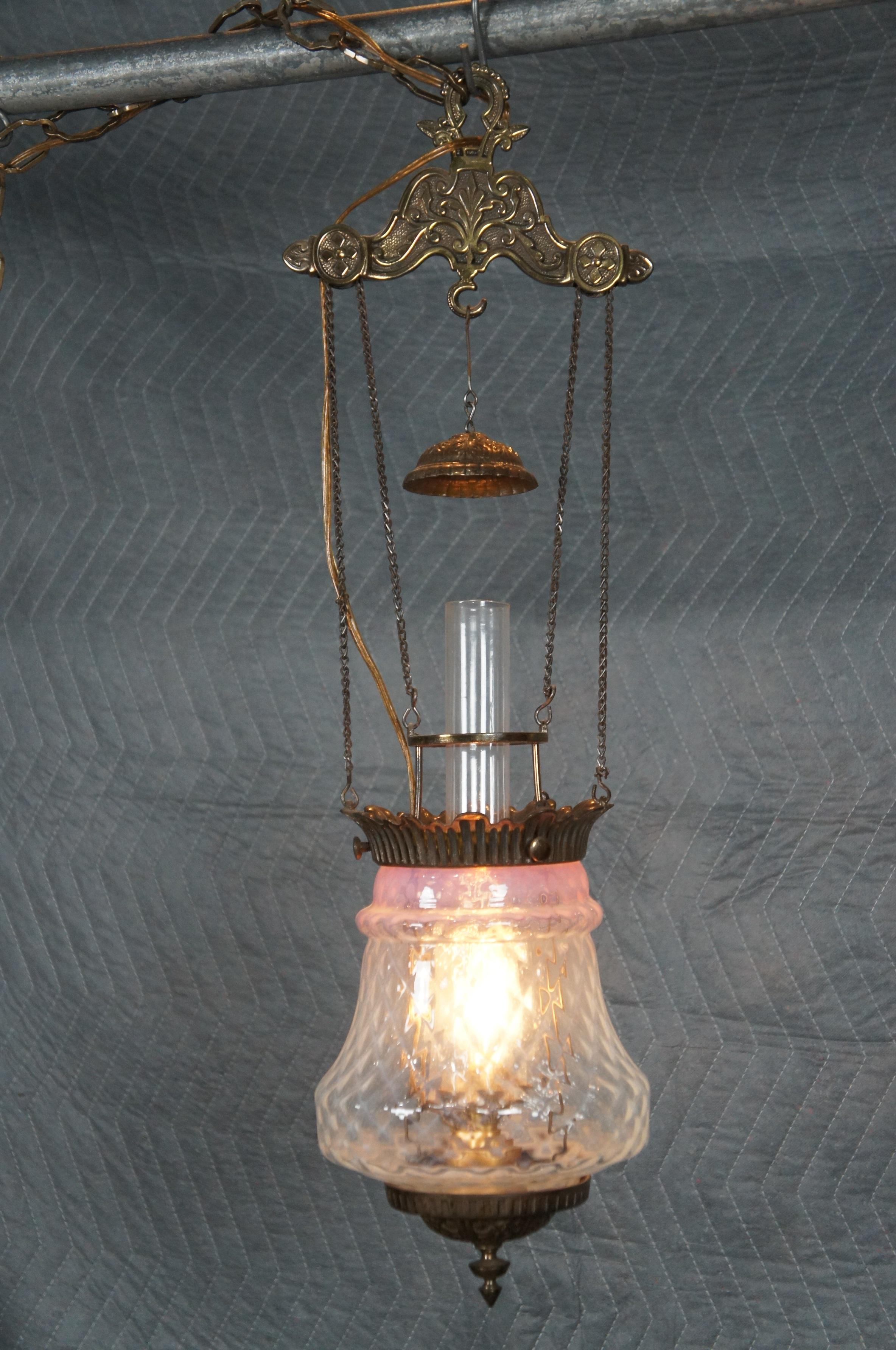 Antique Victorian Cranberry Pineapple Parlor Oil Lamp Pendant Light Chandlier 4