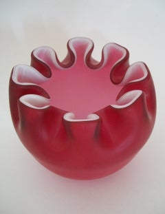 Antique Victorian Cranberry & White Satin Glass Rose Bowl - U.S.A. - Circa 1900