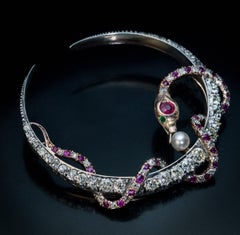 Antique Victorian Crescent and Snake Large Jeweled Brooch
