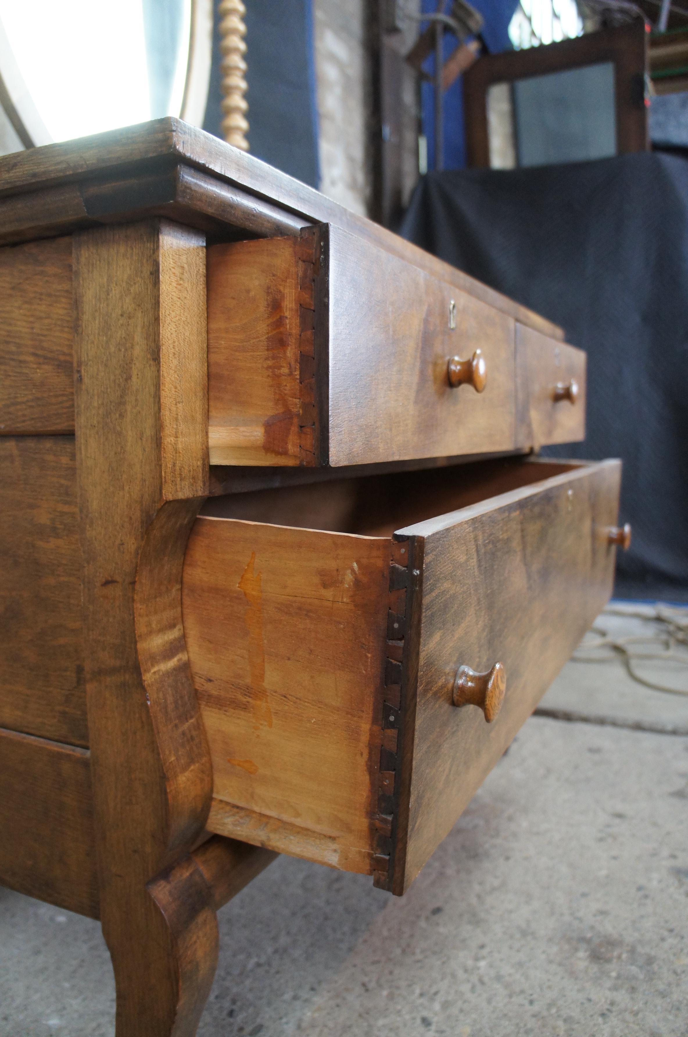 20th Century Antique Victorian Crescent Furniture Co Mirrored Oak Lowboy Vanity Dresser Chest