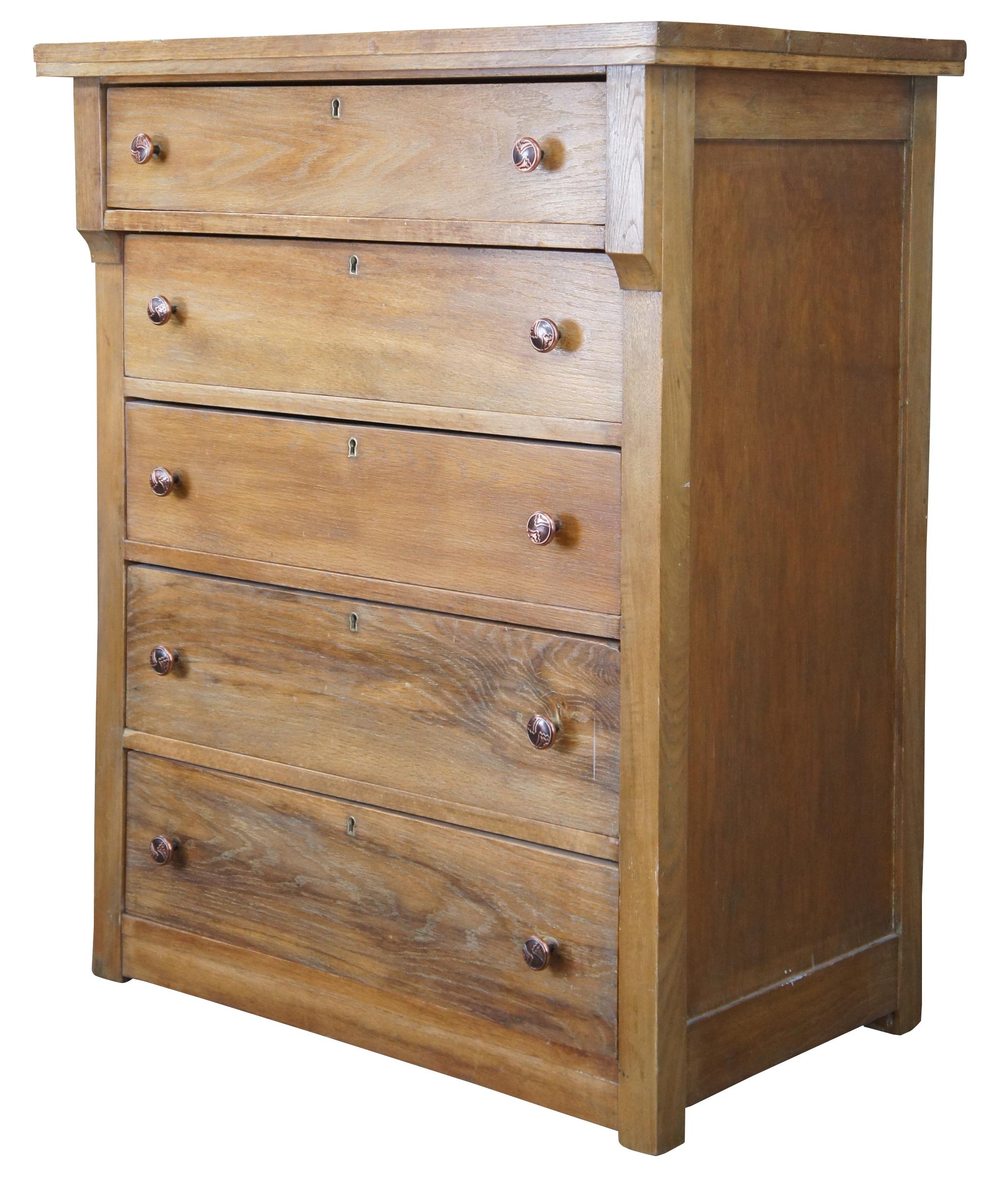 Late Victorian Crescent Line dresser or chest. Made of oak featuring five drawers and southwestern copper pulls. Measure: 39
