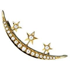 Antique, Victorian Crescent Moon and Star Brooch with Sea Water Natural Pearls