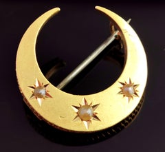 Antique Victorian Crescent Moon Brooch, 15k Gold and Split Pearl