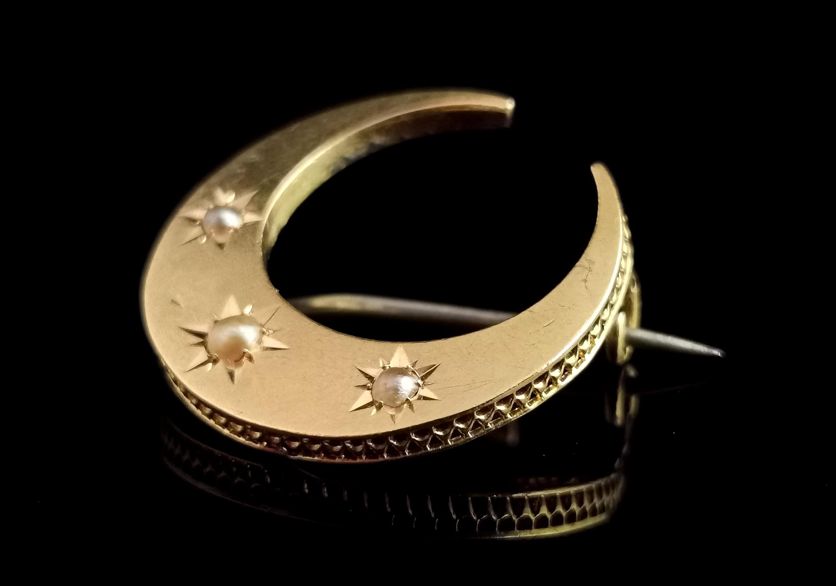 Women's or Men's Antique Victorian Crescent Moon Brooch, 15k Gold and Split Pearl