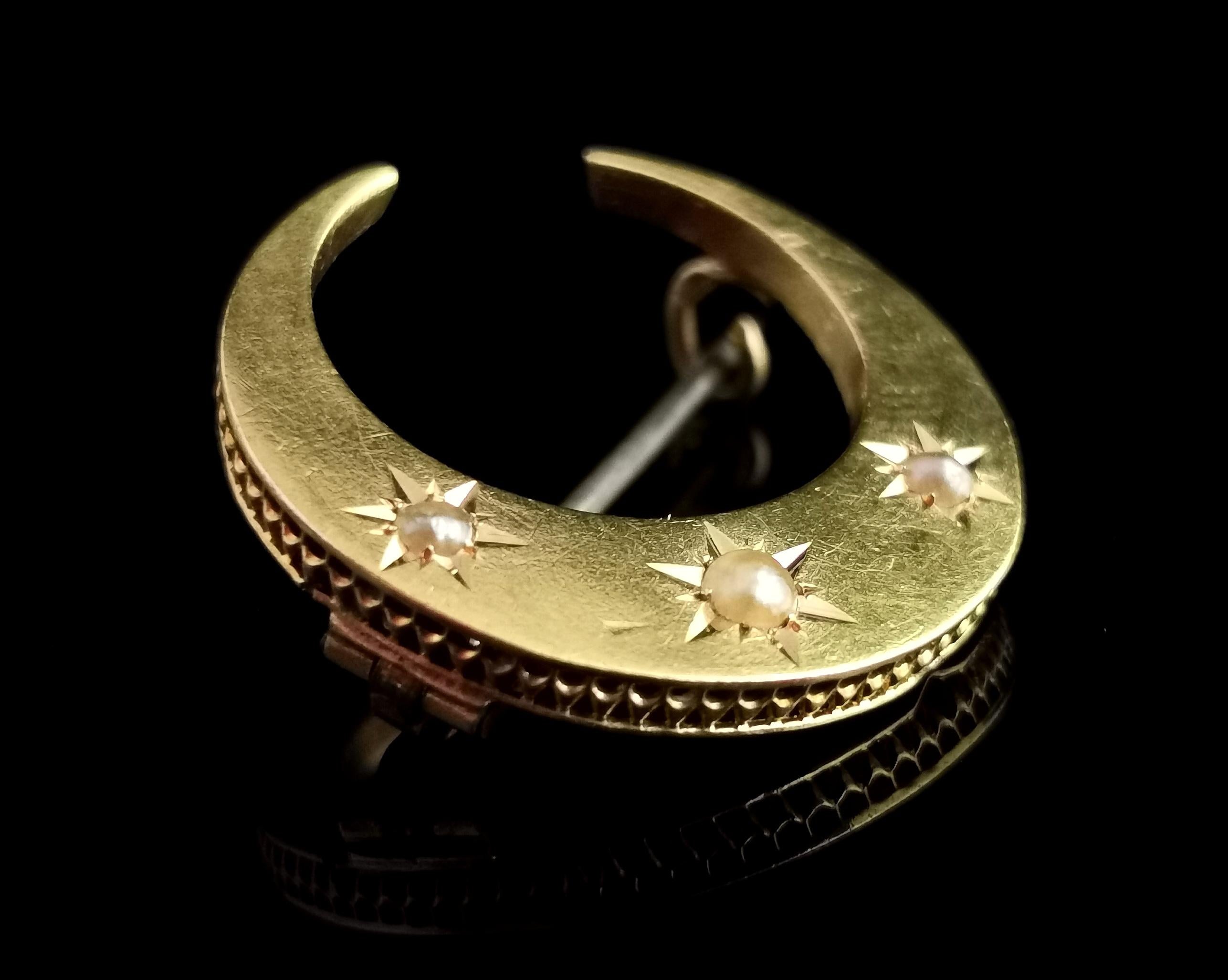 Antique Victorian Crescent Moon Brooch, 15k Gold and Split Pearl 1