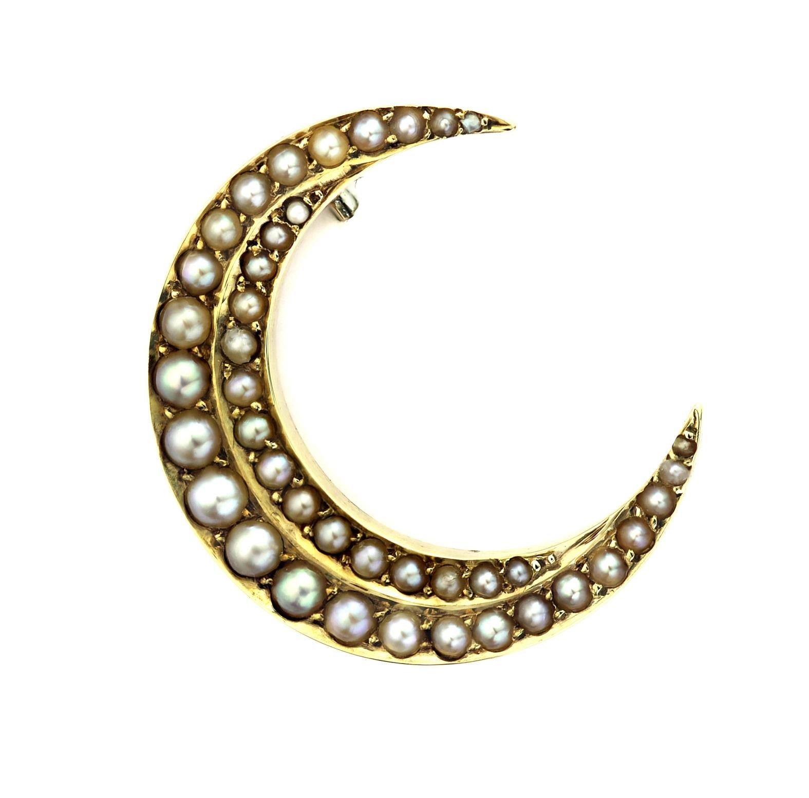 Uncut Antique Victorian Crescent Moon Brooch with Natural Pearls in 15 Karat Gold