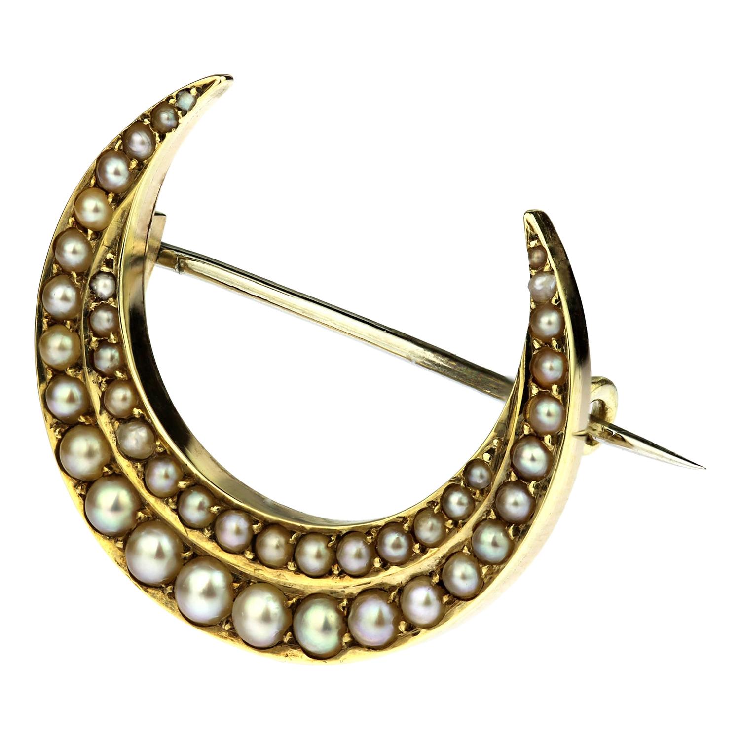 Antique Victorian Crescent Moon Brooch with Natural Pearls in 15 Karat Gold