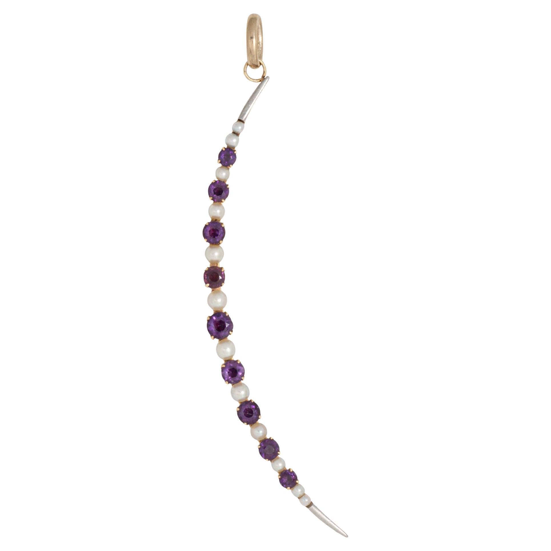 Antique Victorian Crescent Moon Pendant Amethyst Pearl 14k Gold Celestial