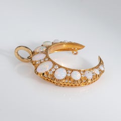 ​Antique Victorian Crescent Moon Pendant Opal Diamond 15 Gold Celestial Jewelry