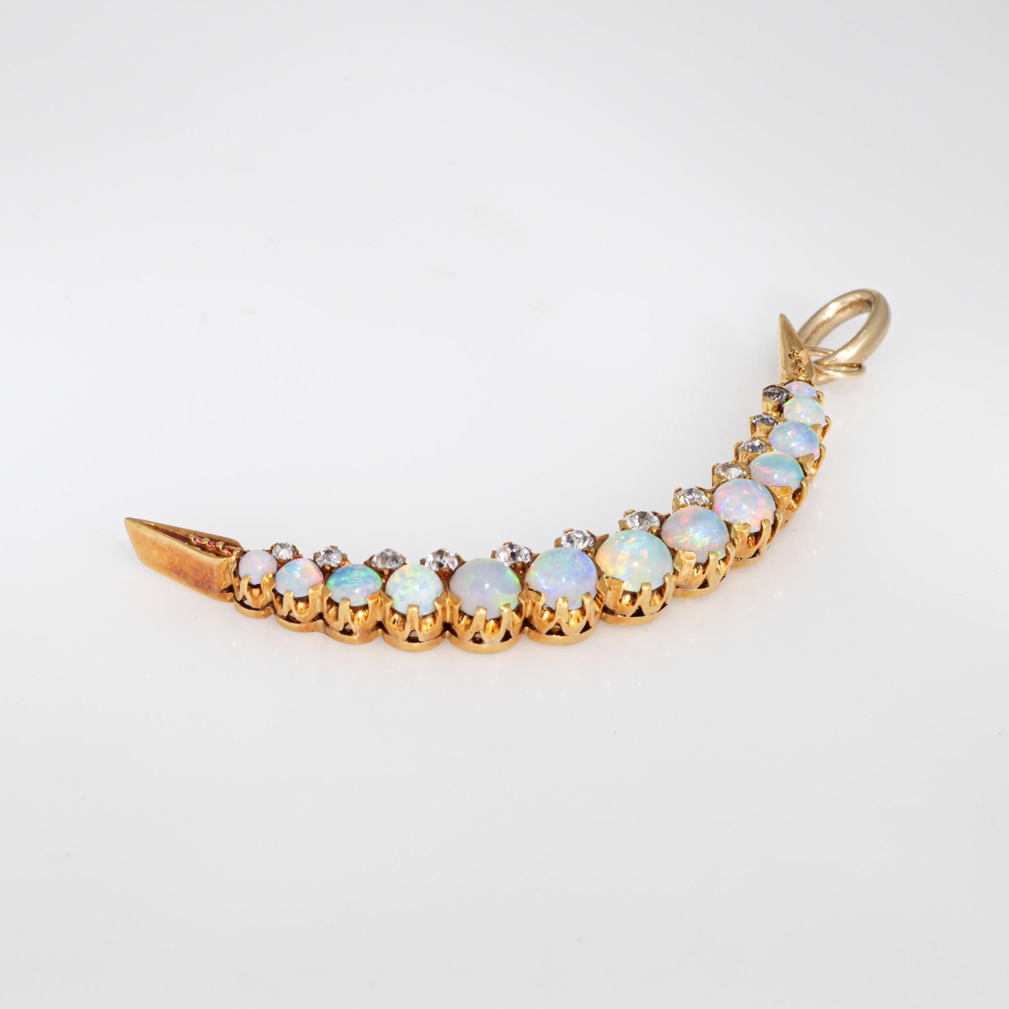Round Cut Antique Victorian Crescent Moon Pendant Opal Diamond 18k Gold Celestial Jewelry For Sale