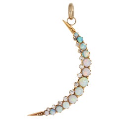 Antiguo Colgante Victoriano Luna Creciente Ópalo Diamante Oro 18k Joyas Celestiales