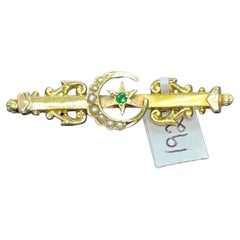 Antiguo Broche Victoriano de Estrella de Luna Creciente Circa 1890s Oro de 15 ct Hallmarks