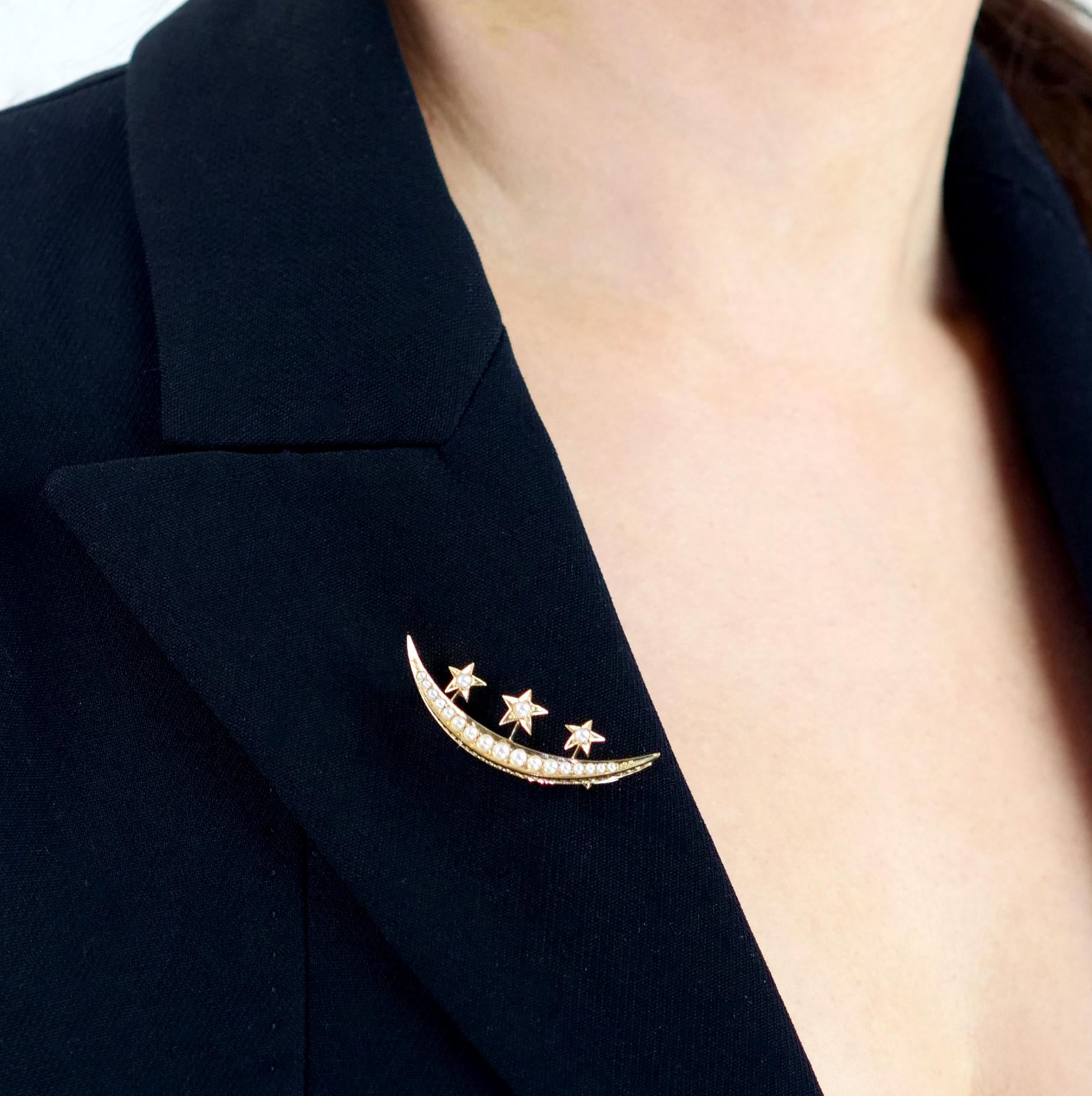 Women's Antique, Victorian Crescent Moon and Star Brooch with Sea Water Natural Pearls