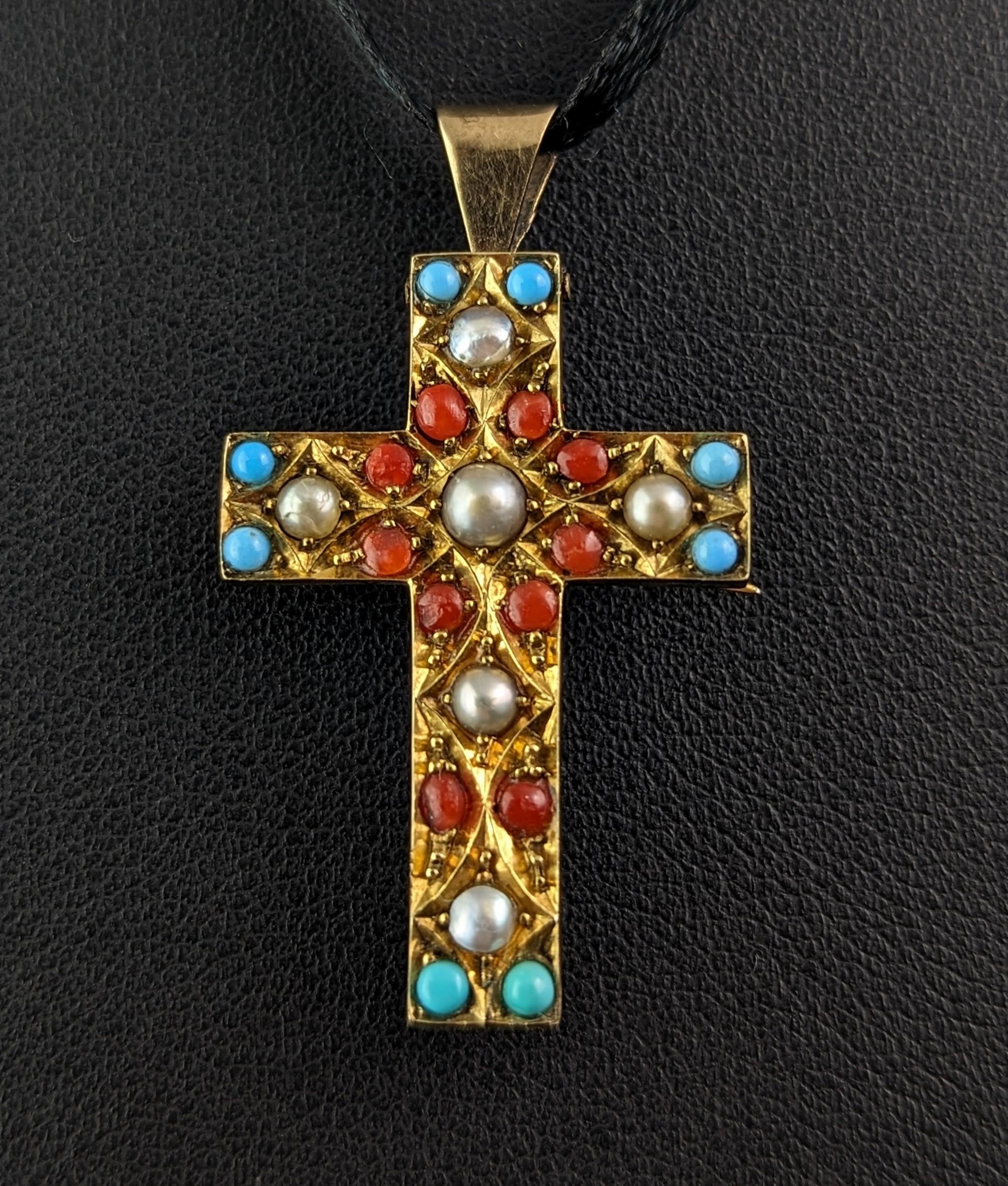 Antique Victorian Cross pendant brooch, Pearl and paste, 9k gold  For Sale 4