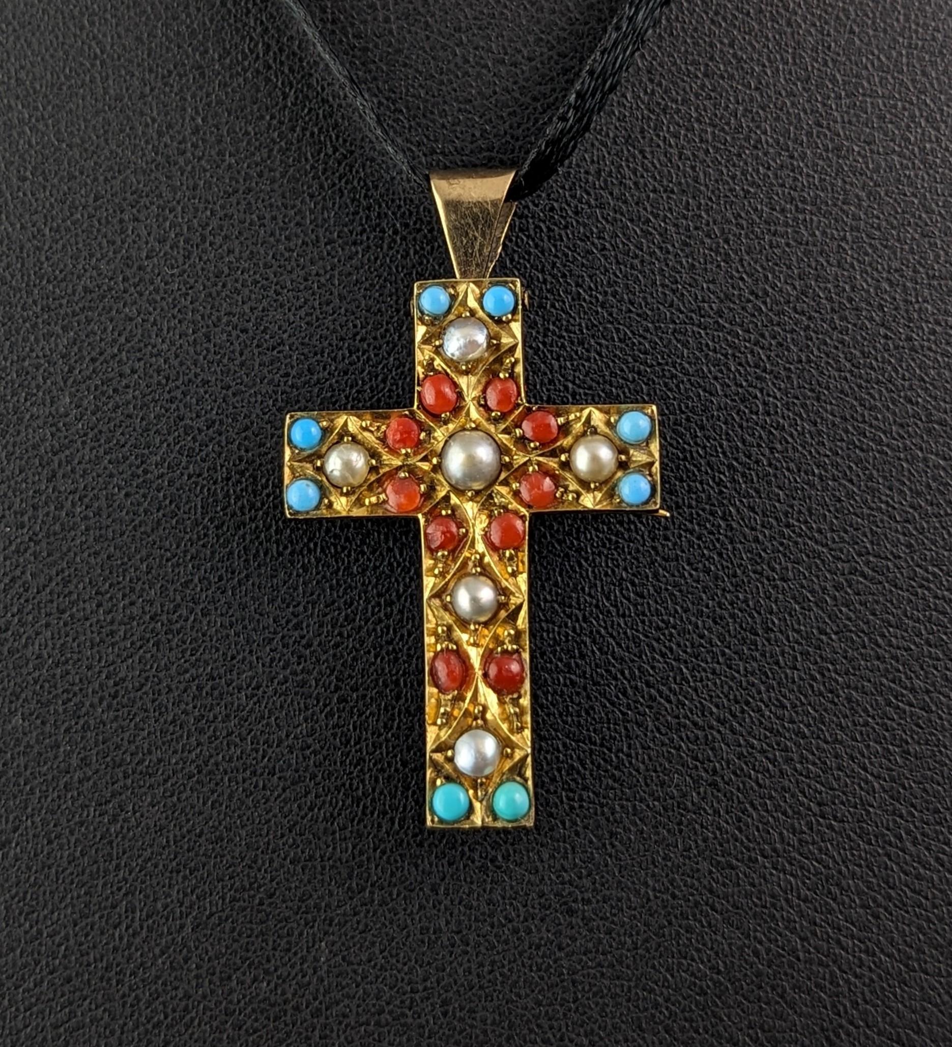 Antique Victorian Cross pendant brooch, Pearl and paste, 9k gold  For Sale 5