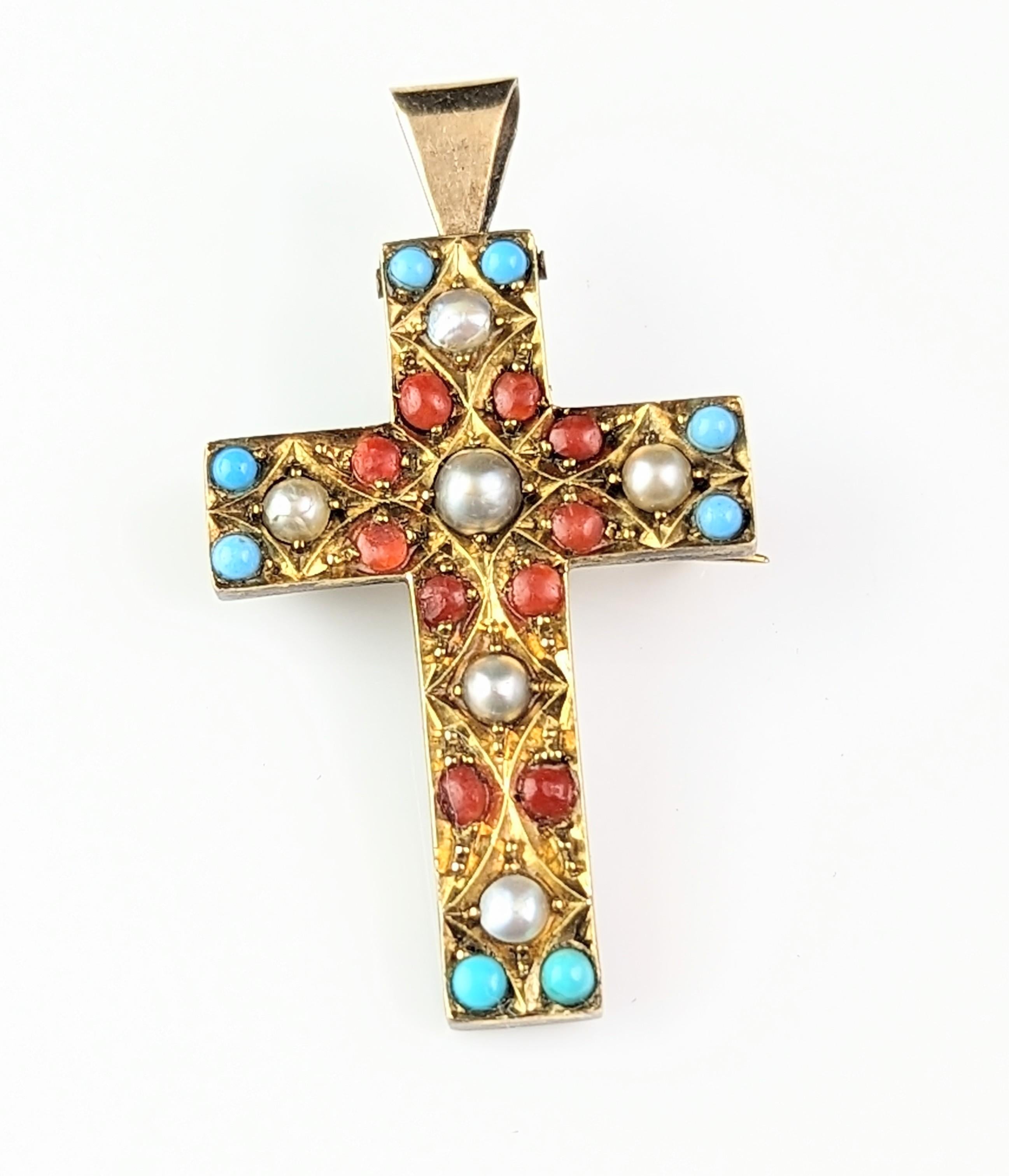 Antique Victorian Cross pendant brooch, Pearl and paste, 9k gold  For Sale 6