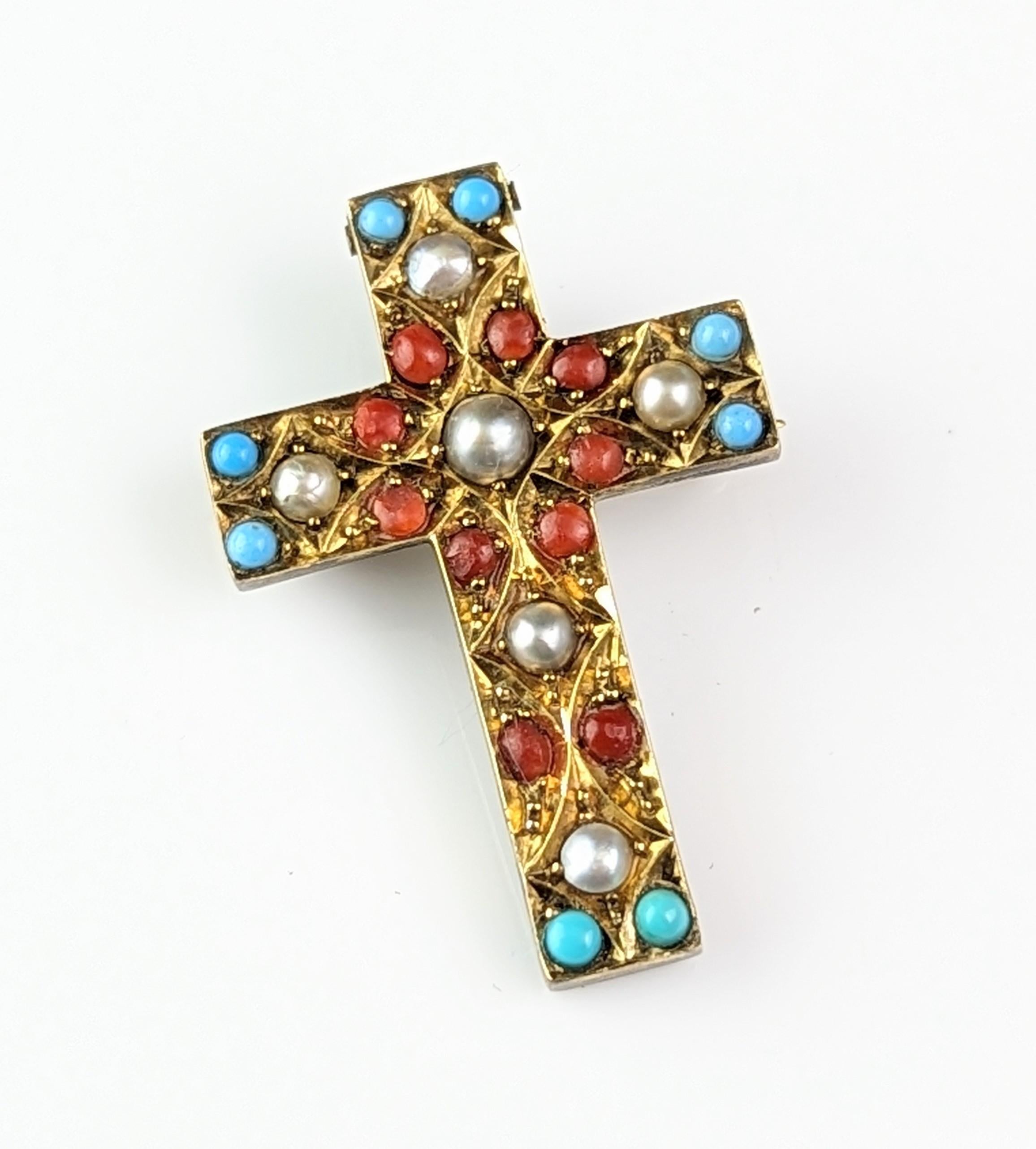 Antique Victorian Cross pendant brooch, Pearl and paste, 9k gold  For Sale 7