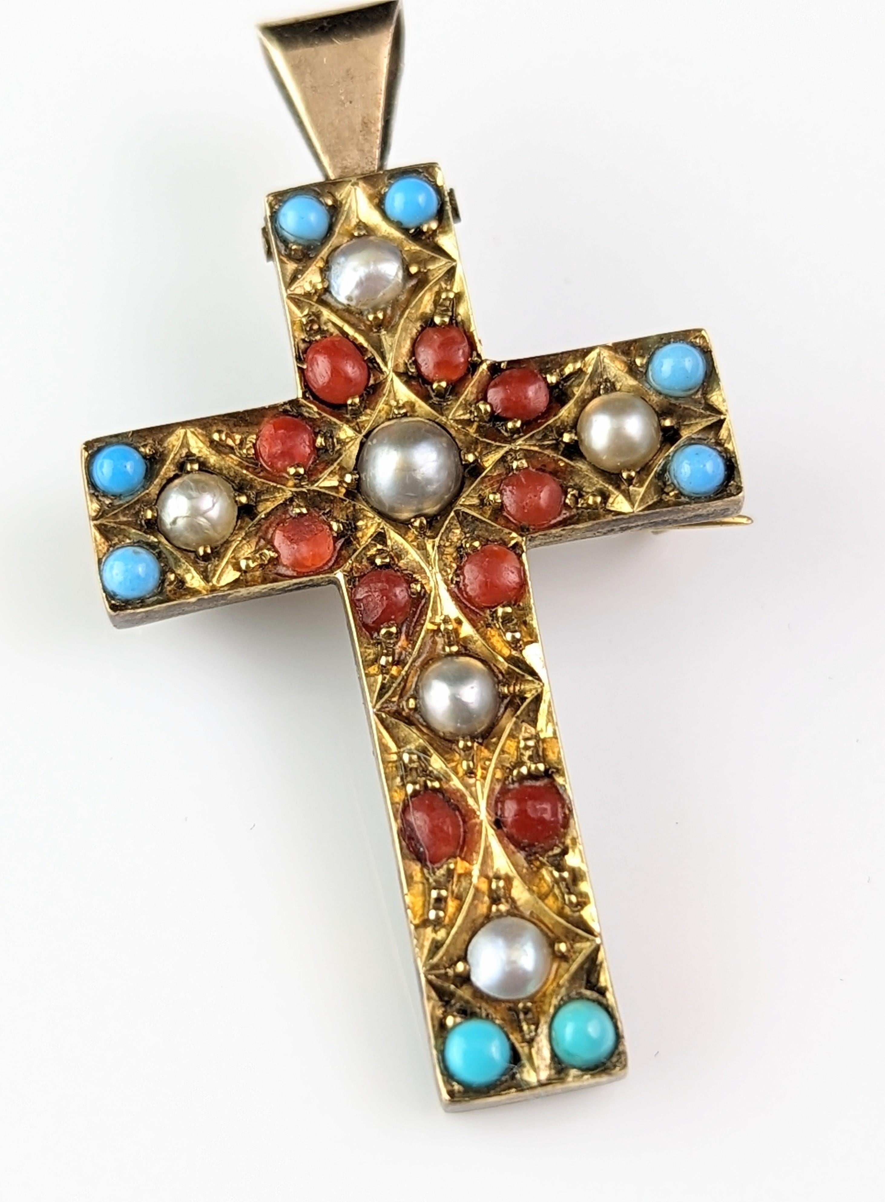 Antique Victorian Cross pendant brooch, Pearl and paste, 9k gold  For Sale 9
