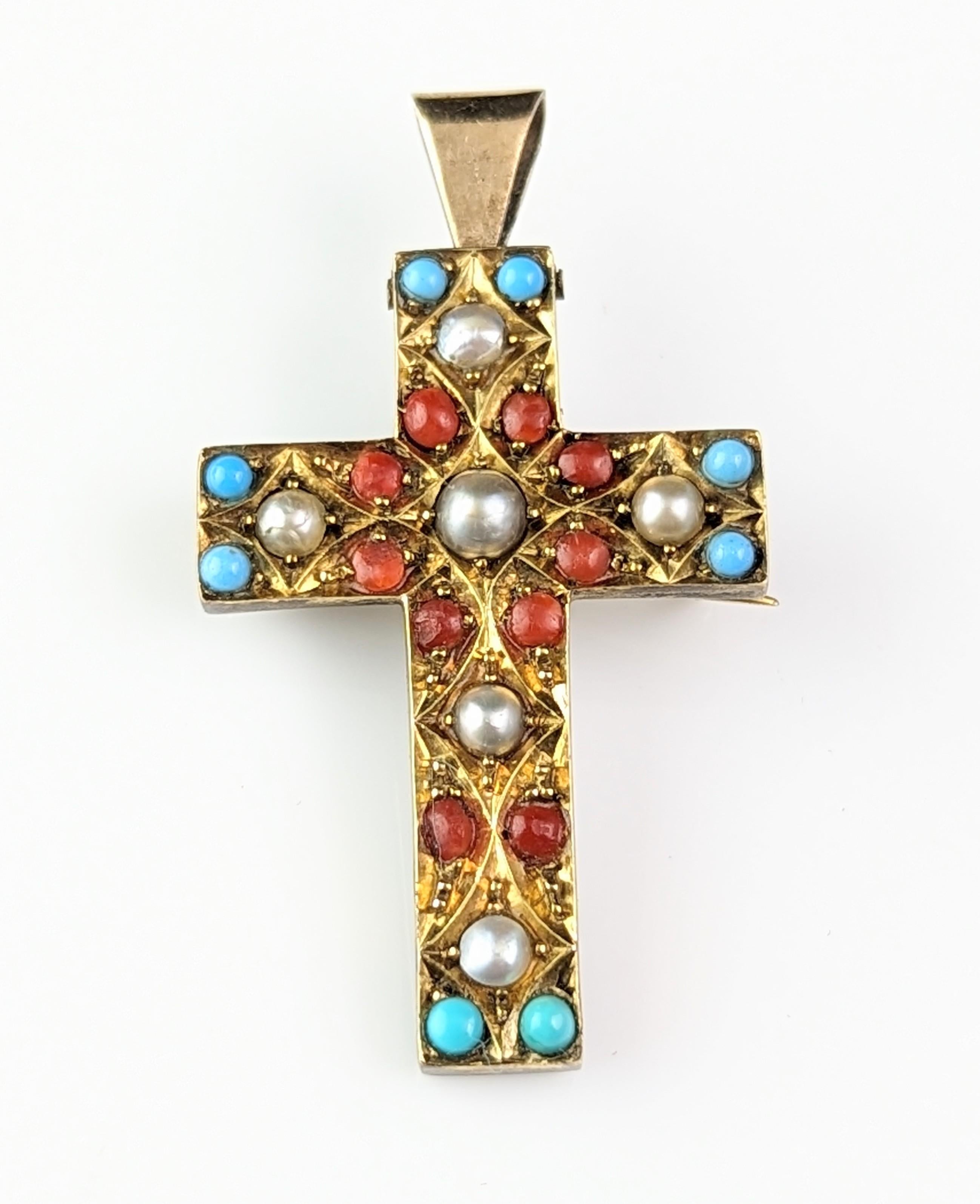 Antique Victorian Cross pendant brooch, Pearl and paste, 9k gold  For Sale 10