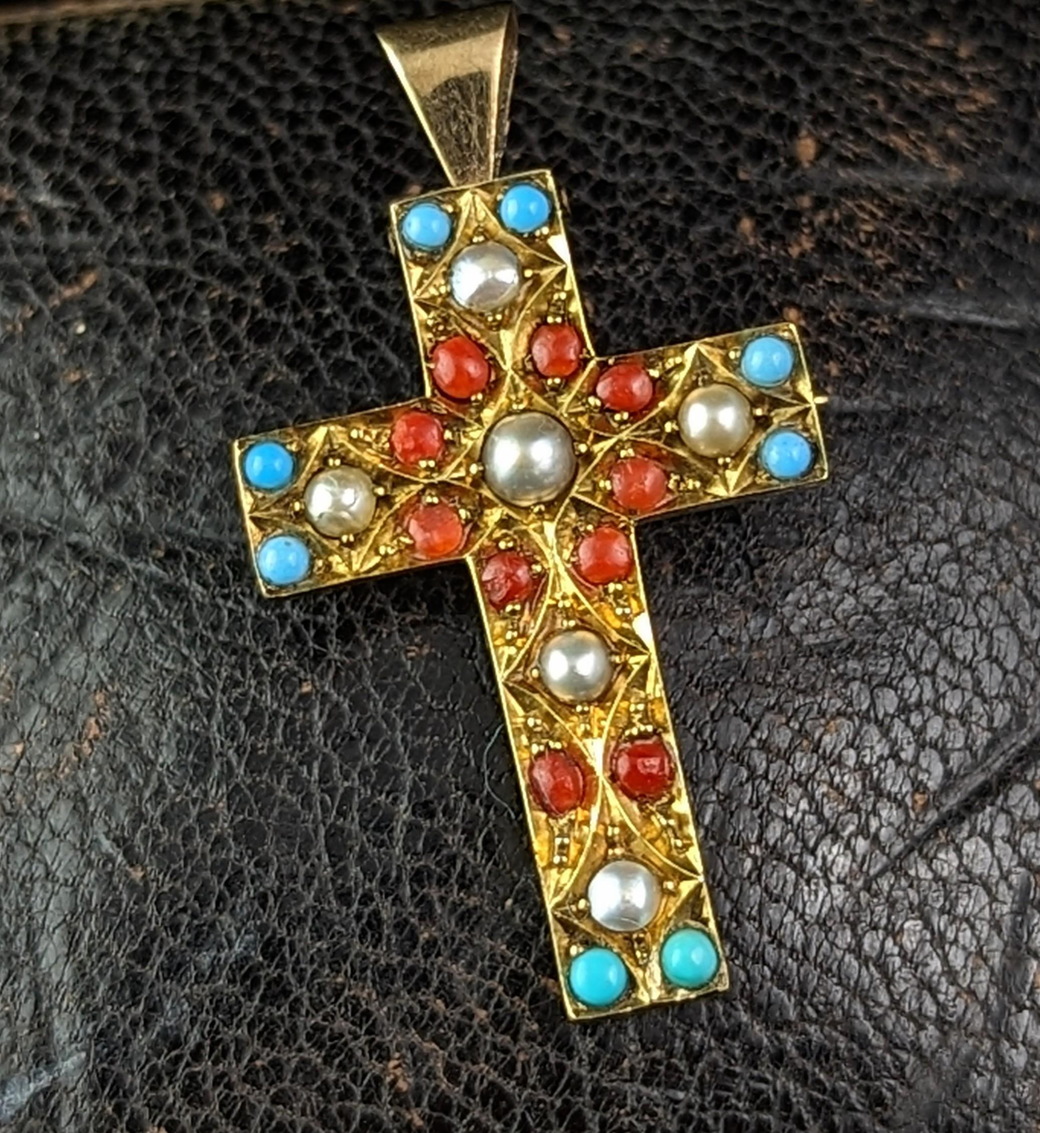 Broche pendentif croix victorienne ancienne, perle et pâte, or 9 carats  en vente 1