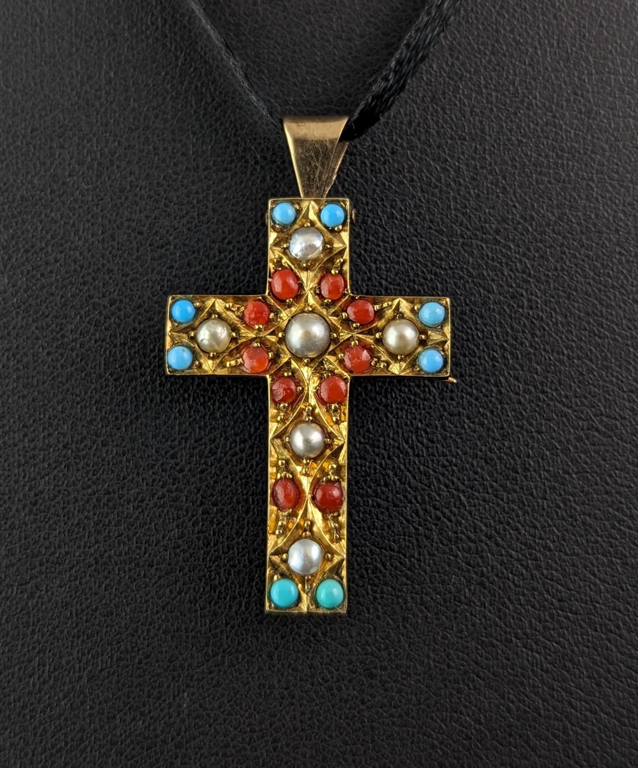 Antique Victorian Cross pendant brooch, Pearl and paste, 9k gold  For Sale 2