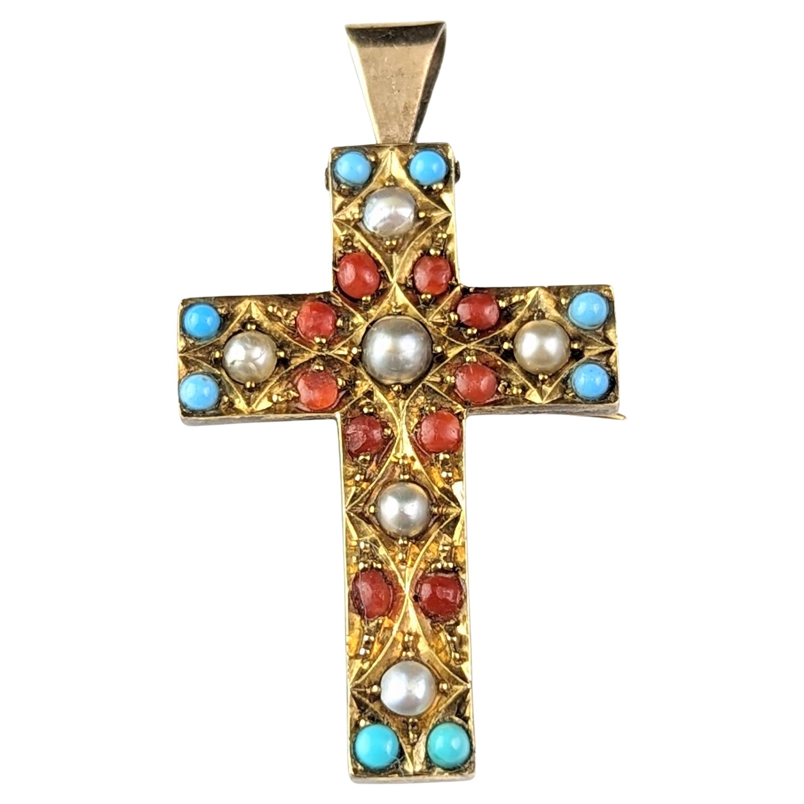 Broche pendentif croix victorienne ancienne, perle et pâte, or 9 carats 