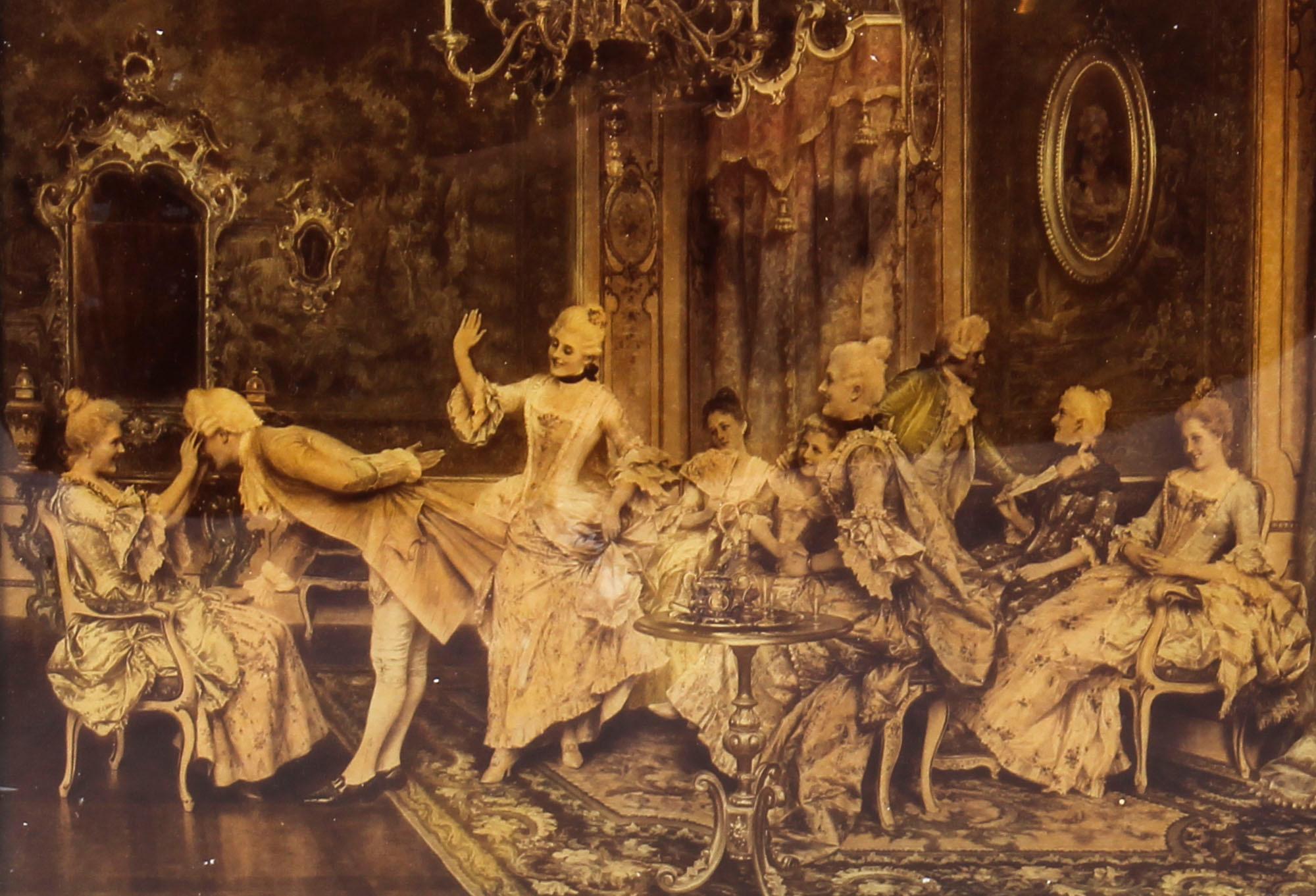 This is a charming antique Victorian crystoleum print on concave glass, circa 1890 in date.
 
It depicts a French 18th century soiree in a grande drawing-room with beautifully dressed couples enjoying each others company.
 
The picture features its