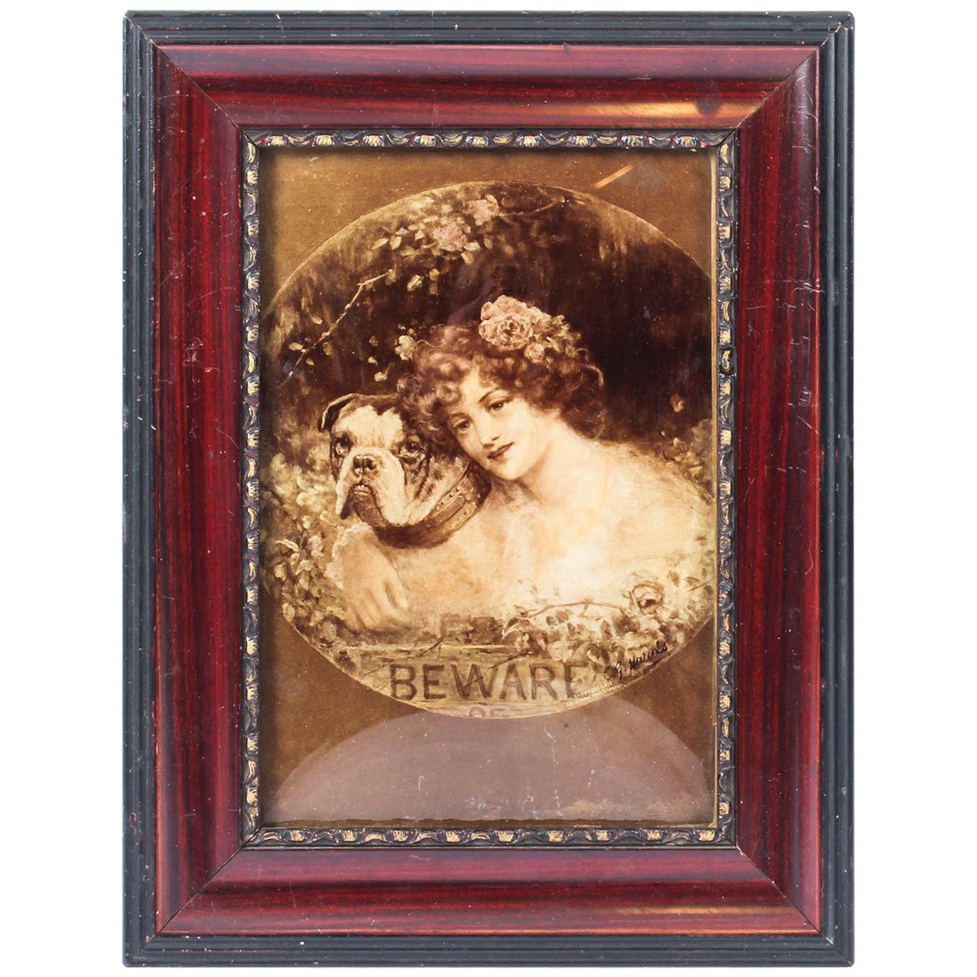 Antique Victorian Crystoleum Picture Painting of a Girl and Pug, 1901