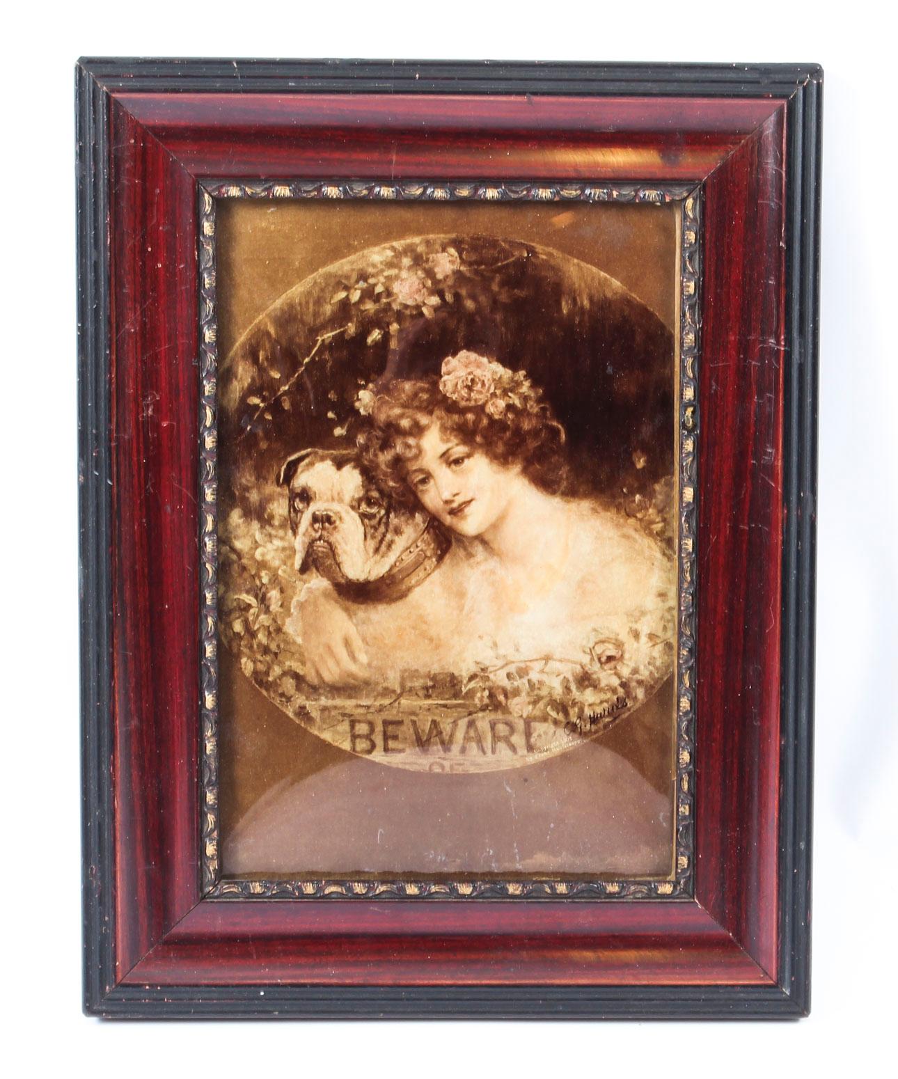 Early 20th Century Antique Victorian Crystoleum Picture Painting of a Girl and Pug, 1901