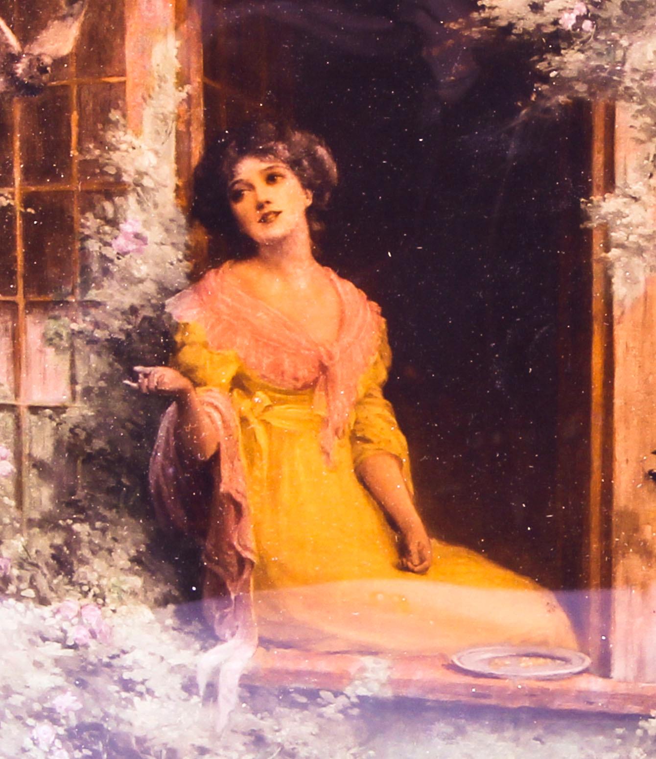 Victorien Ancienne peinture victorienne de Crystoleum représentant une femme par une fenêtre 19ème siècle en vente