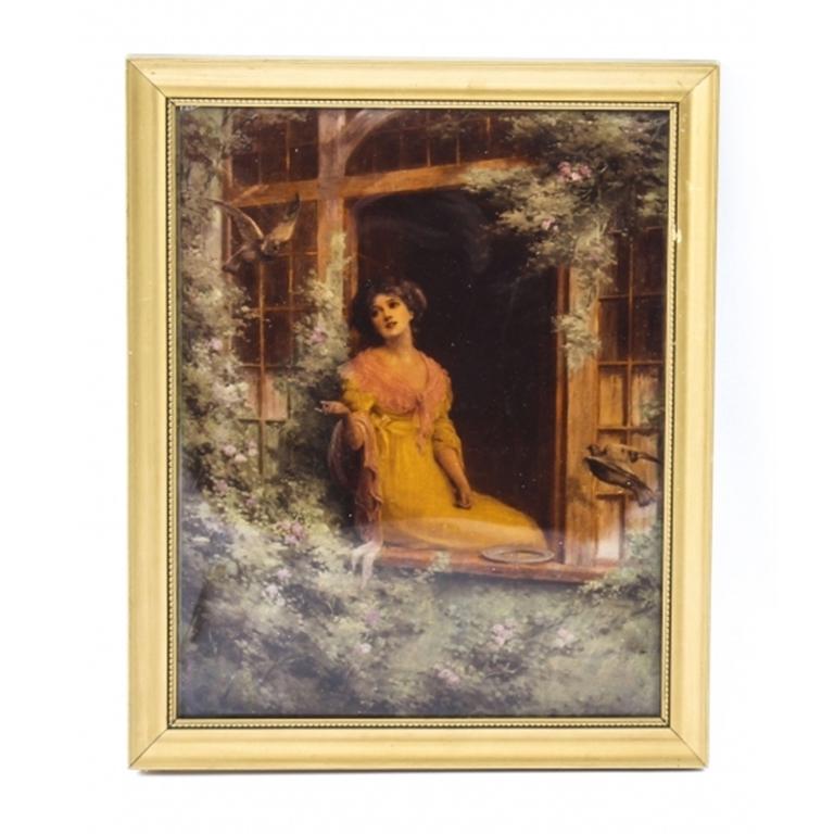 Doré Ancienne peinture victorienne de Crystoleum représentant une femme par une fenêtre 19ème siècle en vente