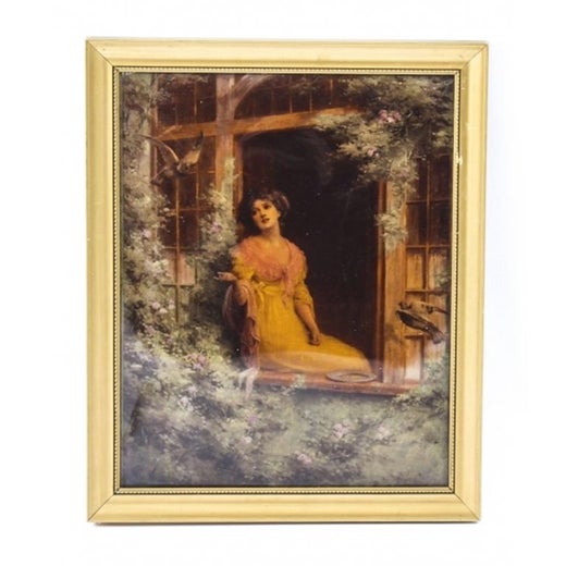 Antique Victorian Crystoleum Picture Painting Of A Lady By A