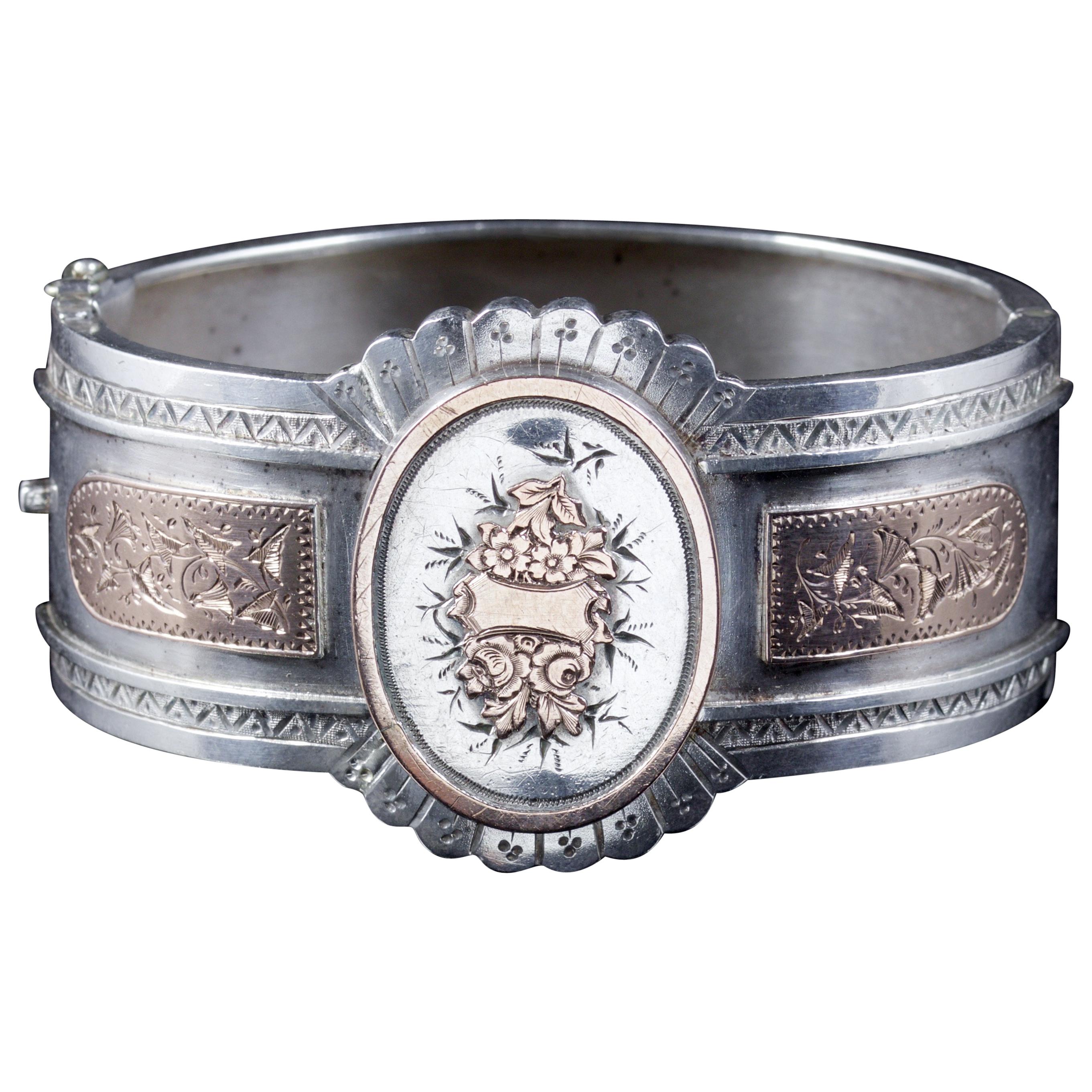 Antique Victorian Cuff Bangle Forget Me Not Silver, circa 1880 For Sale