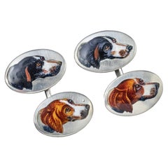 Antique Victorian Cufflinks Enamel Spaniel Dog Silver circa 1900 Boxed