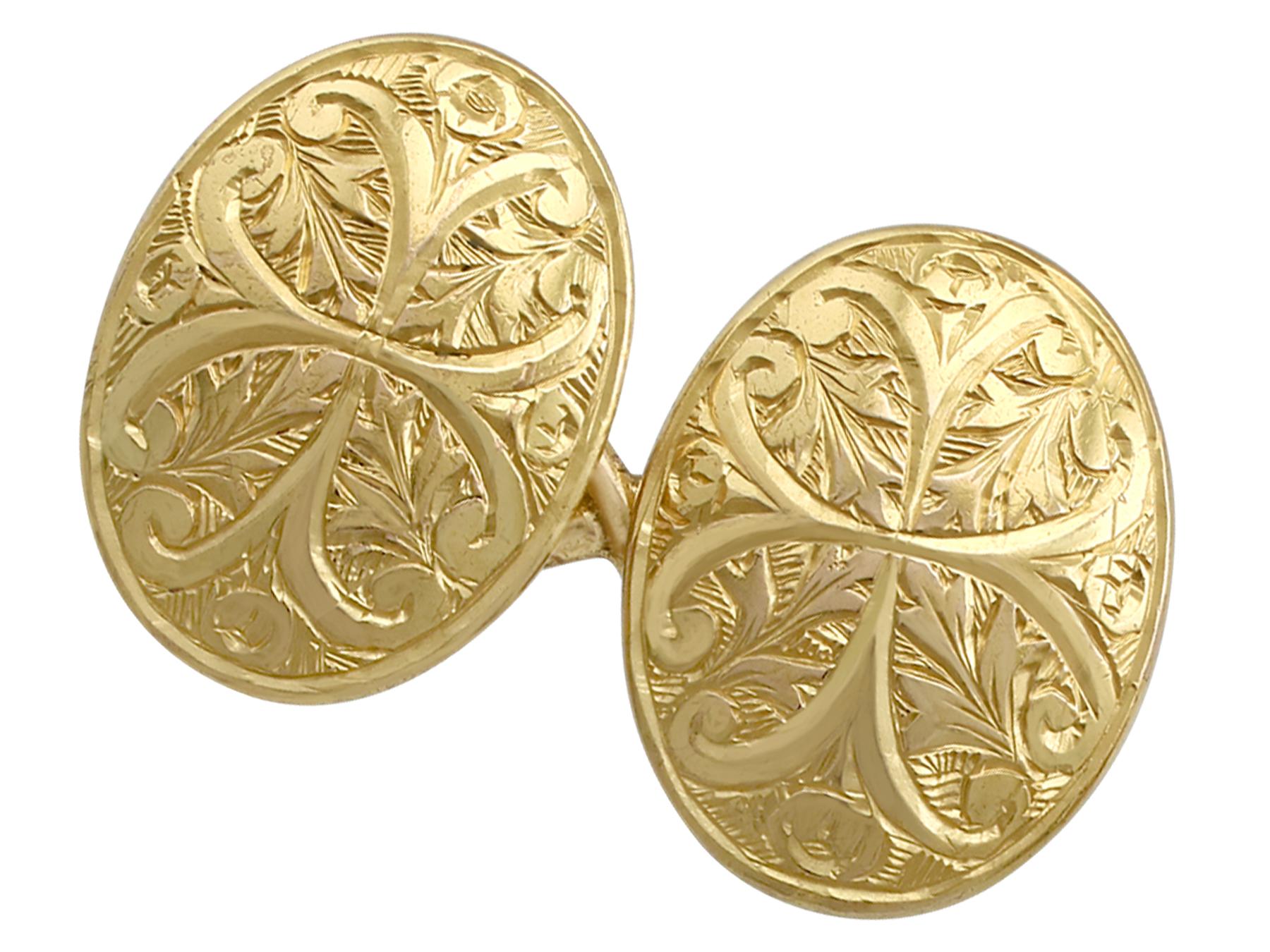 An impressive pair of antique Victorian 15 karat yellow gold engraved cufflinks; part of our diverse antique jewelry and estate jewelry collections.

These fine and impressive Victorian cufflinks have been crafted in 15k yellow gold.

The oval