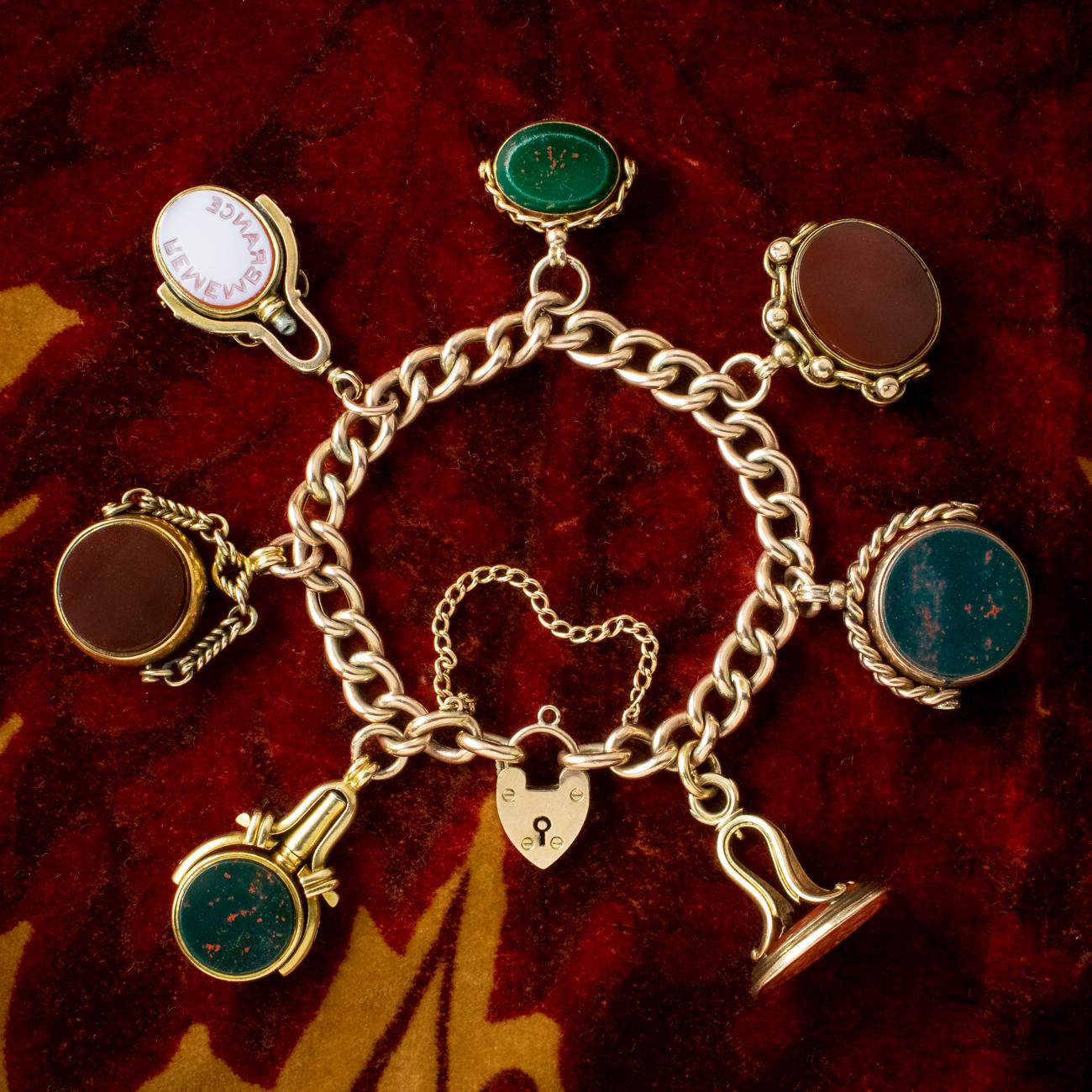 Antique Victorian Curb Bracelet 9ct Gold With Seven Agate Fobs For Sale 3
