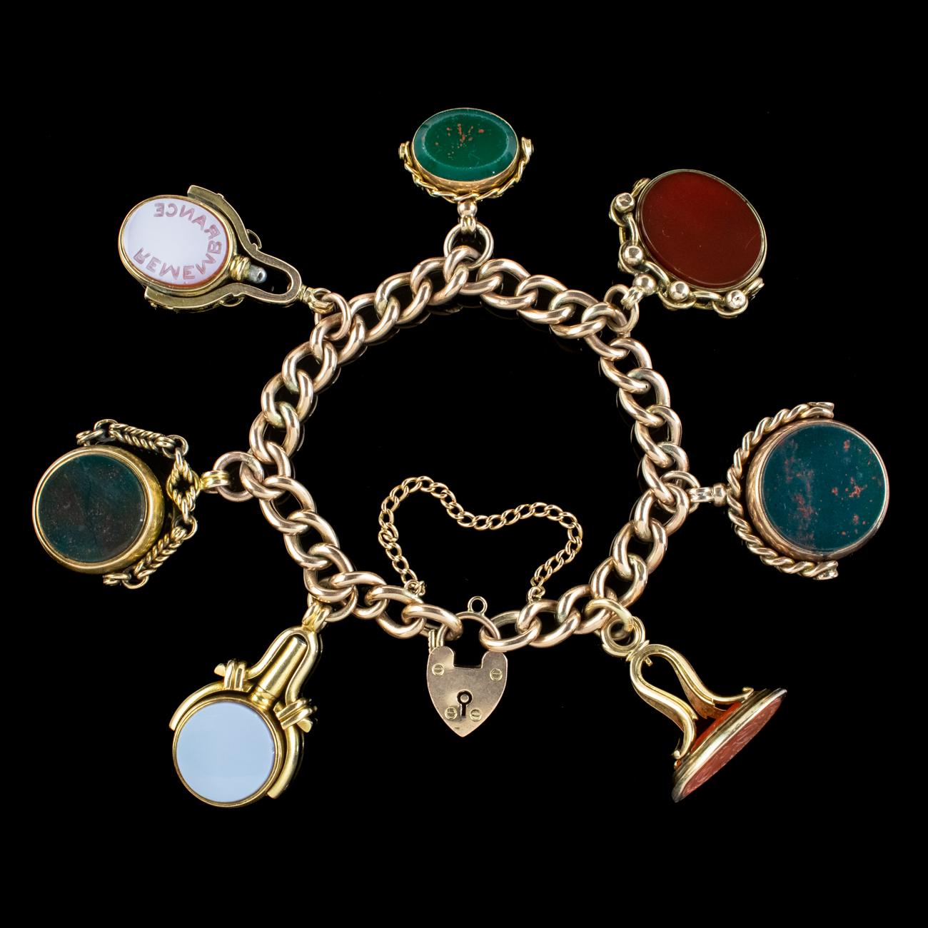 Antikes viktorianisches Curb-Armband aus 9 Karat Gold mit sieben Achat-Knöpfen (Baguetteschliff) im Angebot