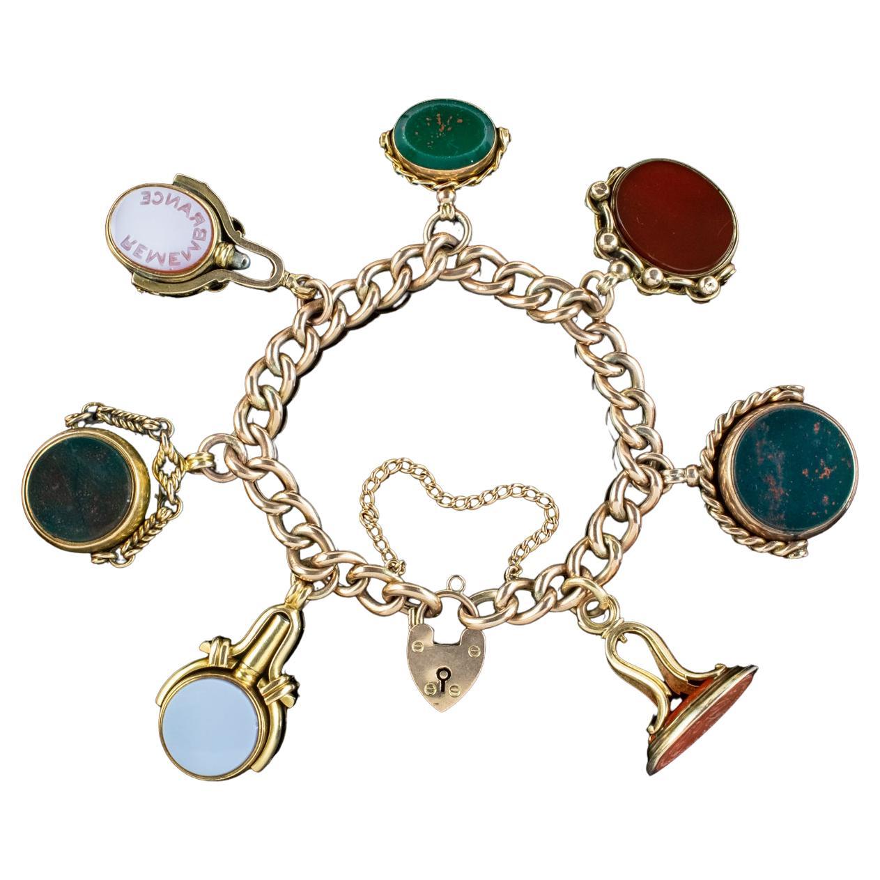 Antique Victorian Curb Bracelet 9ct Gold With Seven Agate Fobs For Sale
