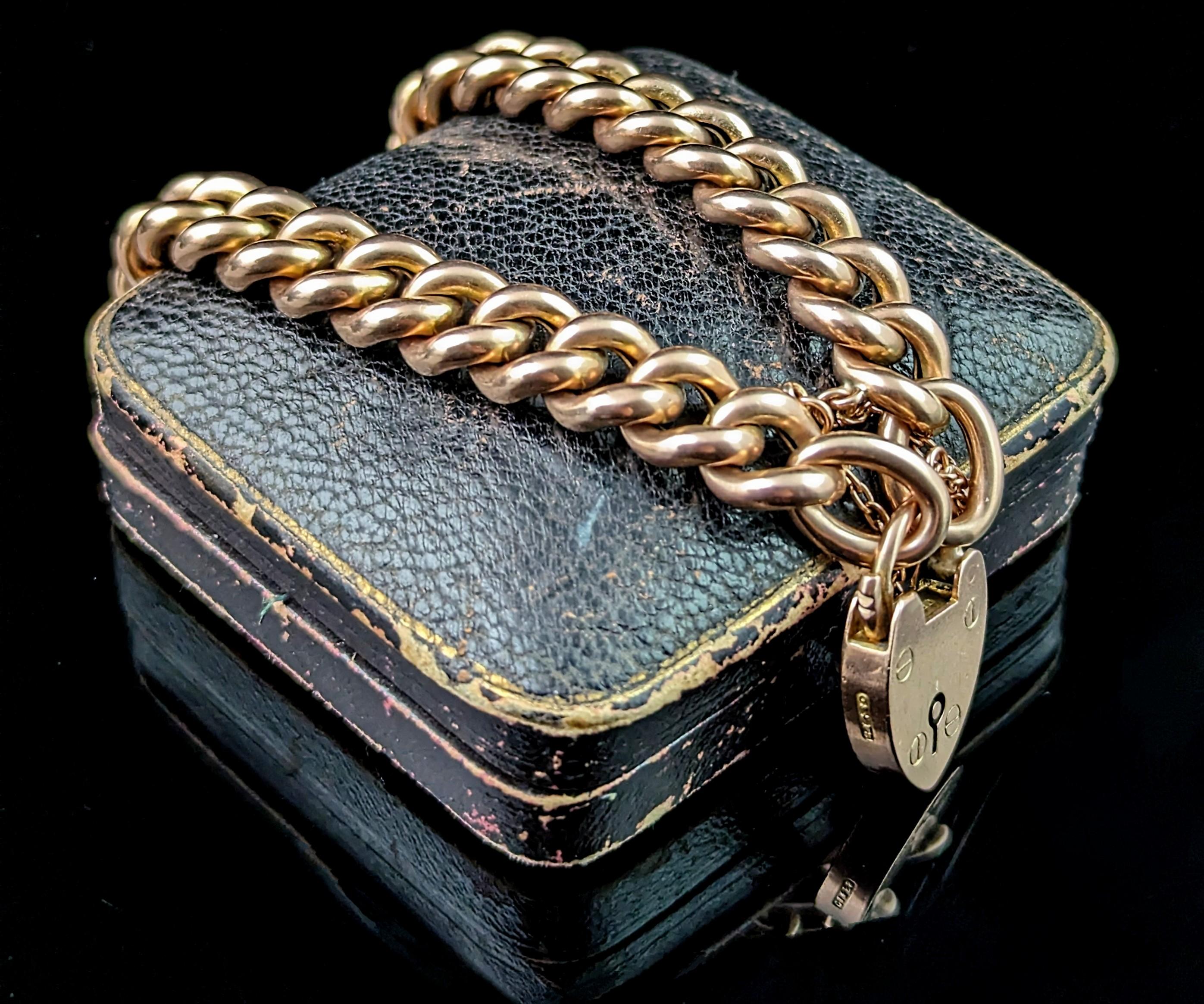Antique Victorian curb link bracelet, chunky, heart padlock  For Sale 7