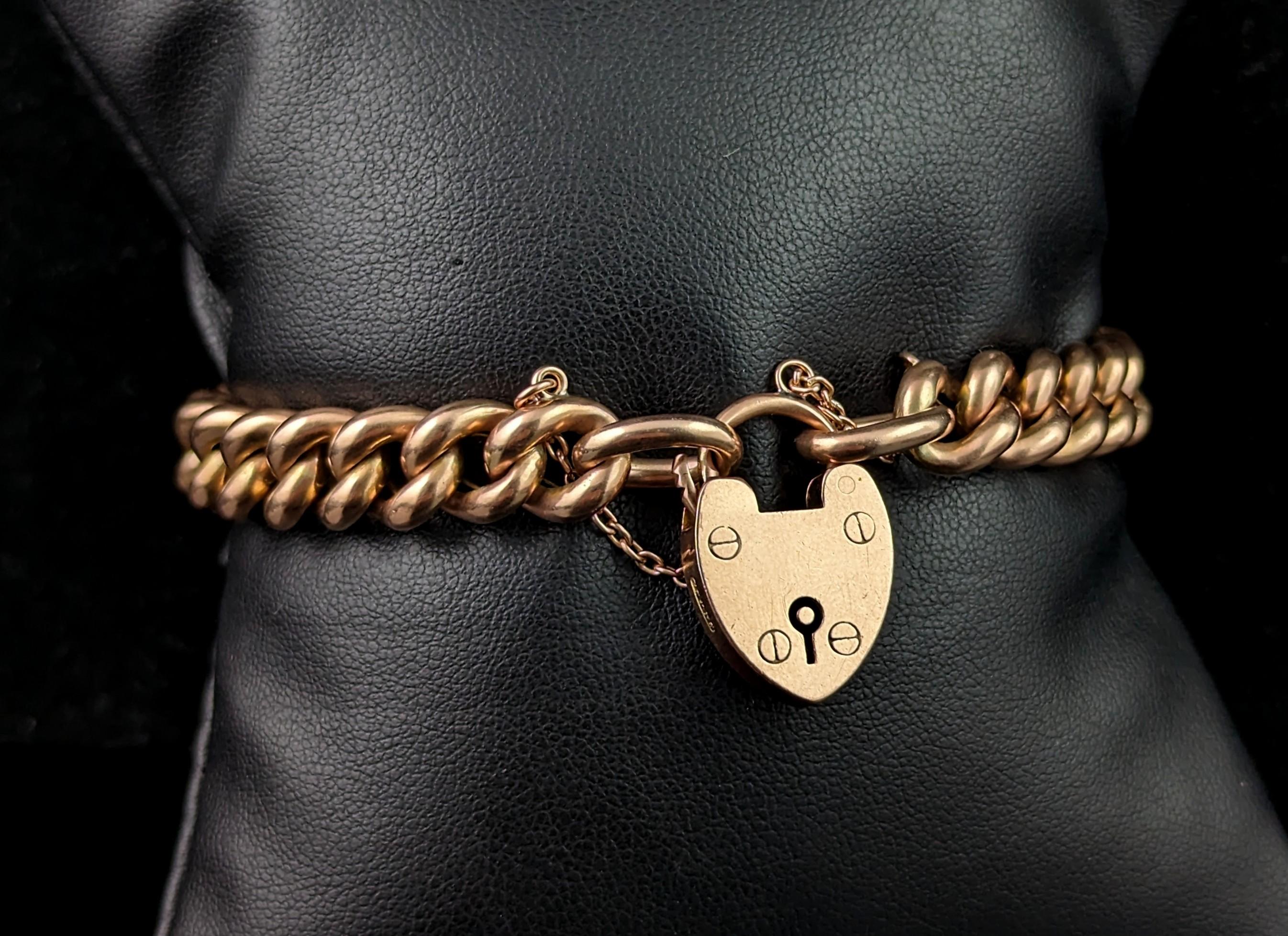 Antique Victorian curb link bracelet, chunky, heart padlock  For Sale 8